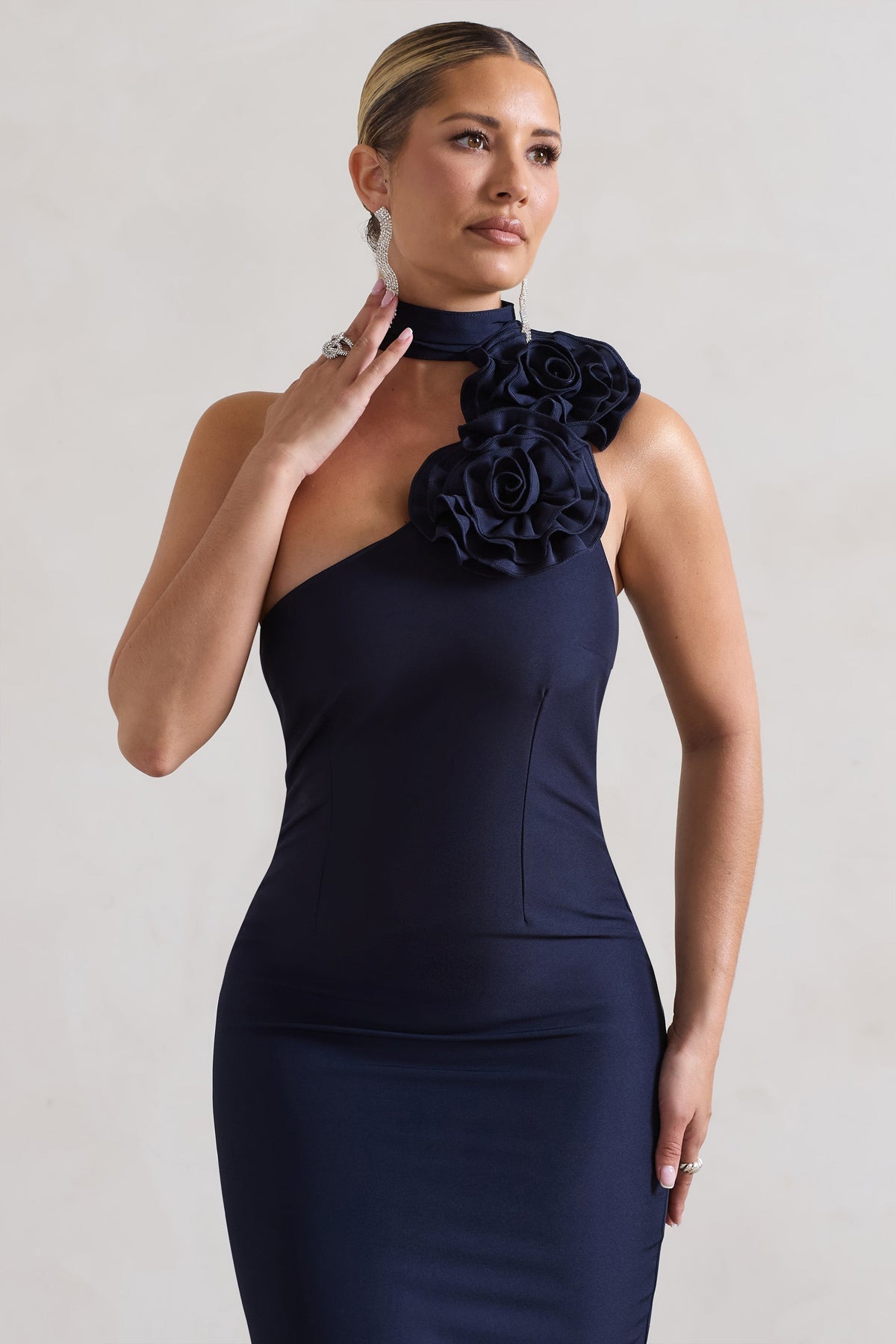 The Soiree | Navy Bodycon Midi Dress With Ruffled Choker