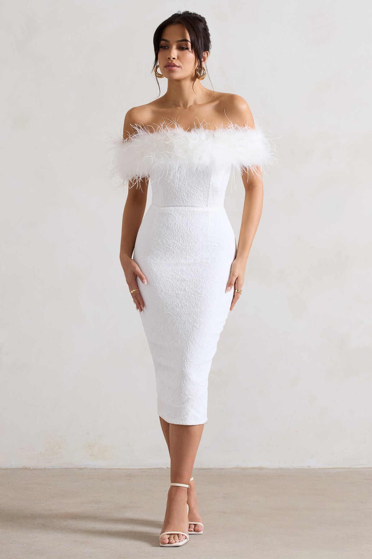 Maiden | White Lace Bardot Midi Dress With Feather Trim