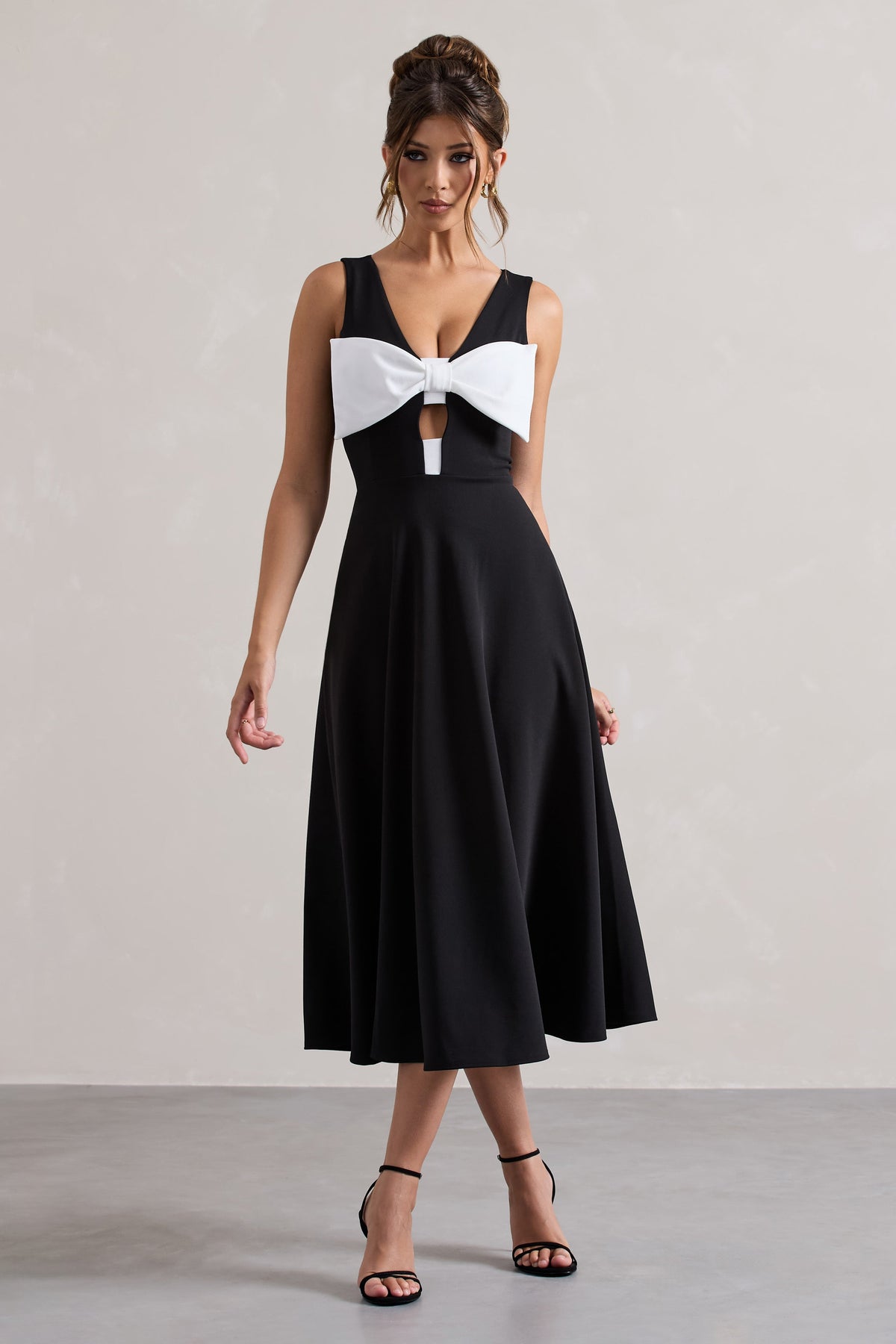 Primrose Black Plunge-Neck Midi Dress With White Bow Club L London - SA Primrose Black Plunge-Neck Midi Dress With White Bow Club L London - SA