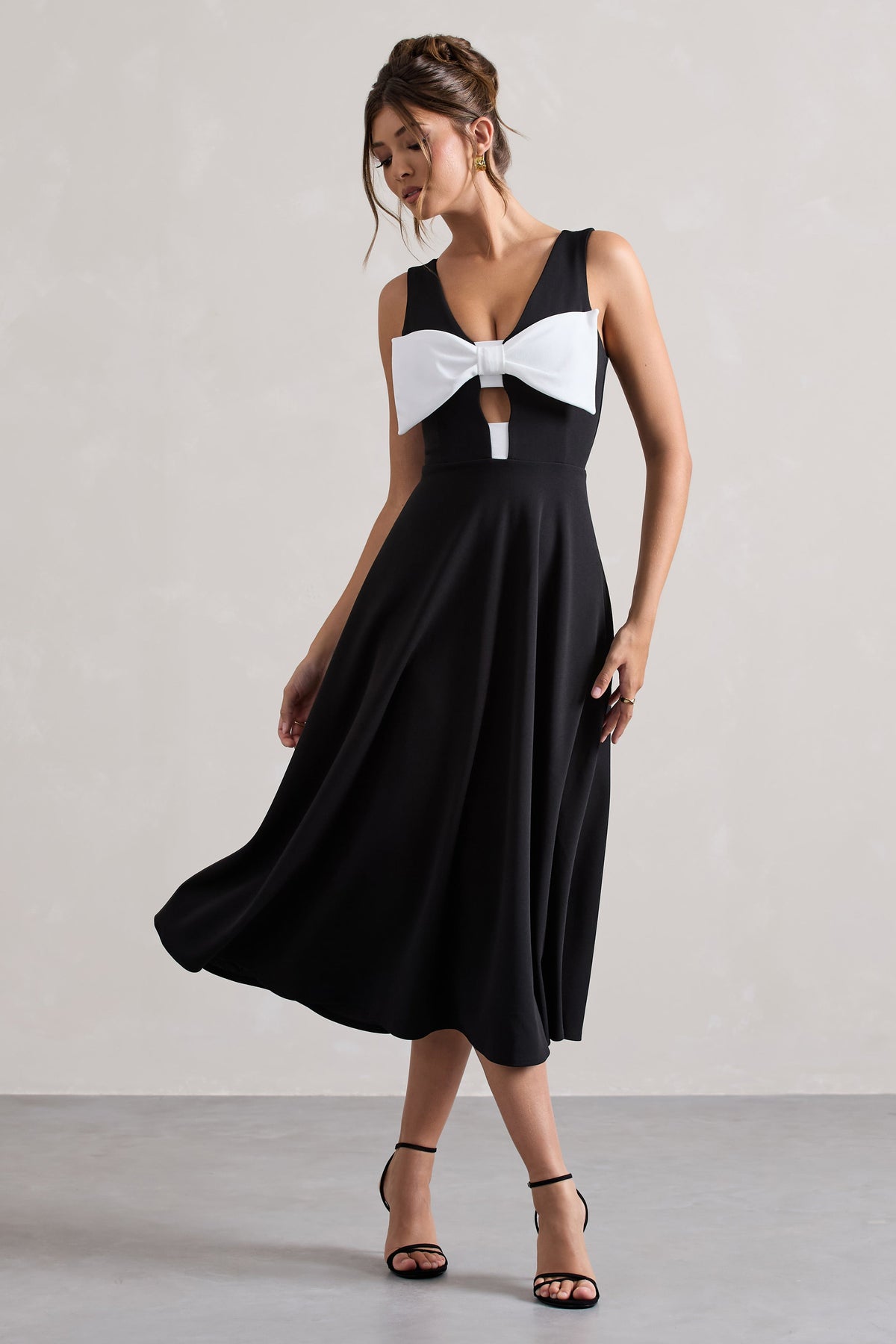 Primrose Black Plunge-Neck Midi Dress With White Bow Club L London - SA Primrose Black Plunge-Neck Midi Dress With White Bow Club L London - SA