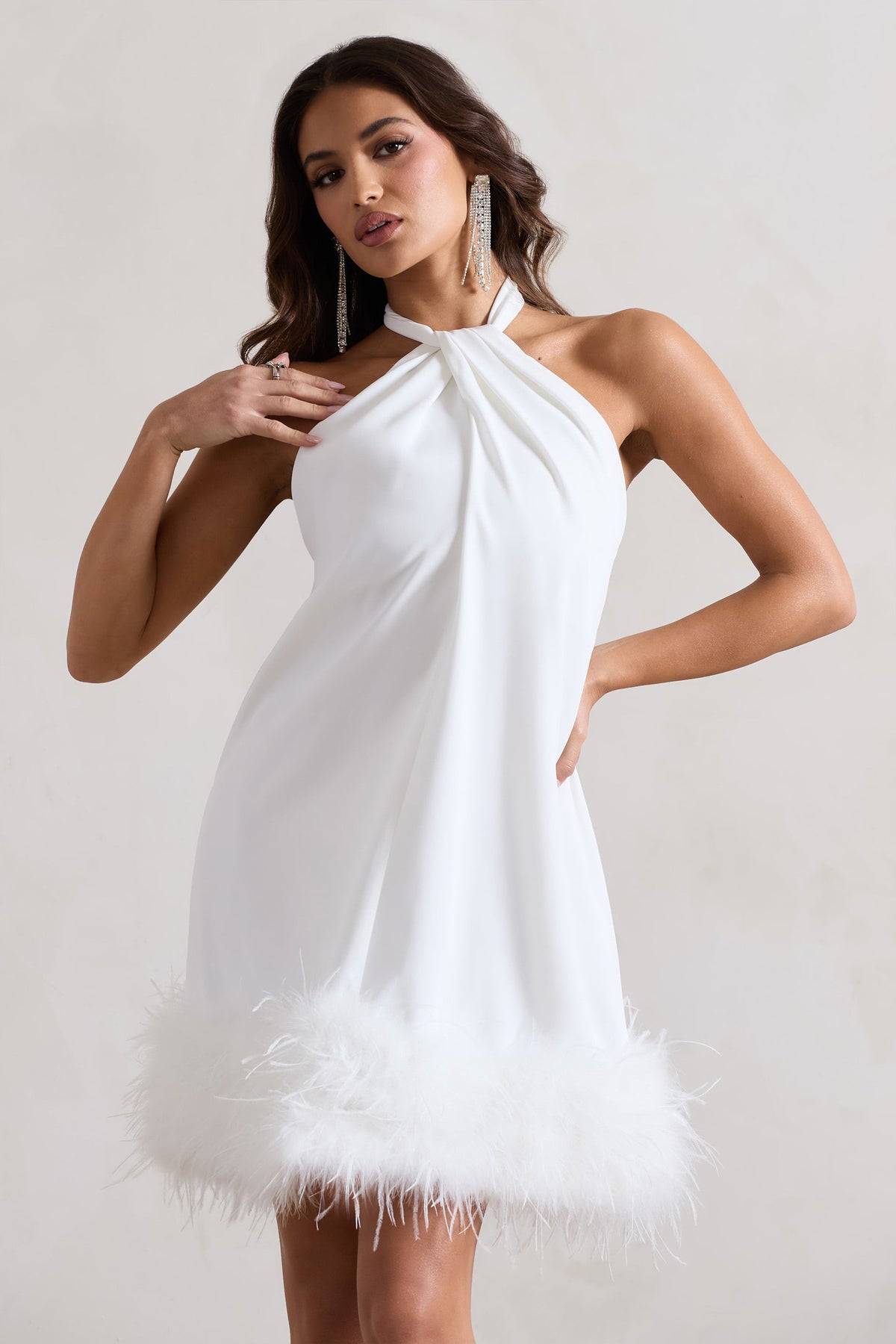 Femme White Halter-Neck Smock Mini Dress With Feather Hem Club L London - SA Femme White Halter-Neck Smock Mini Dress With Feather Hem Club L London - SA