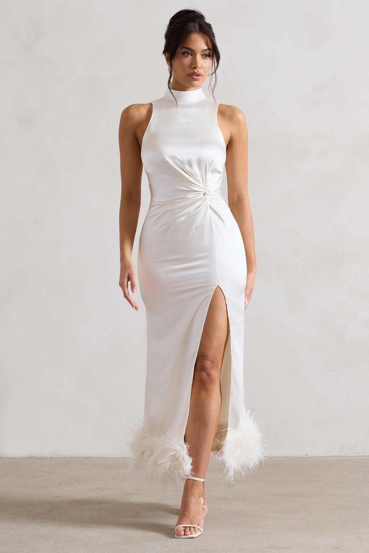 Zoe | Cream Satin Twist Split Maxi Dress With Feather Trim