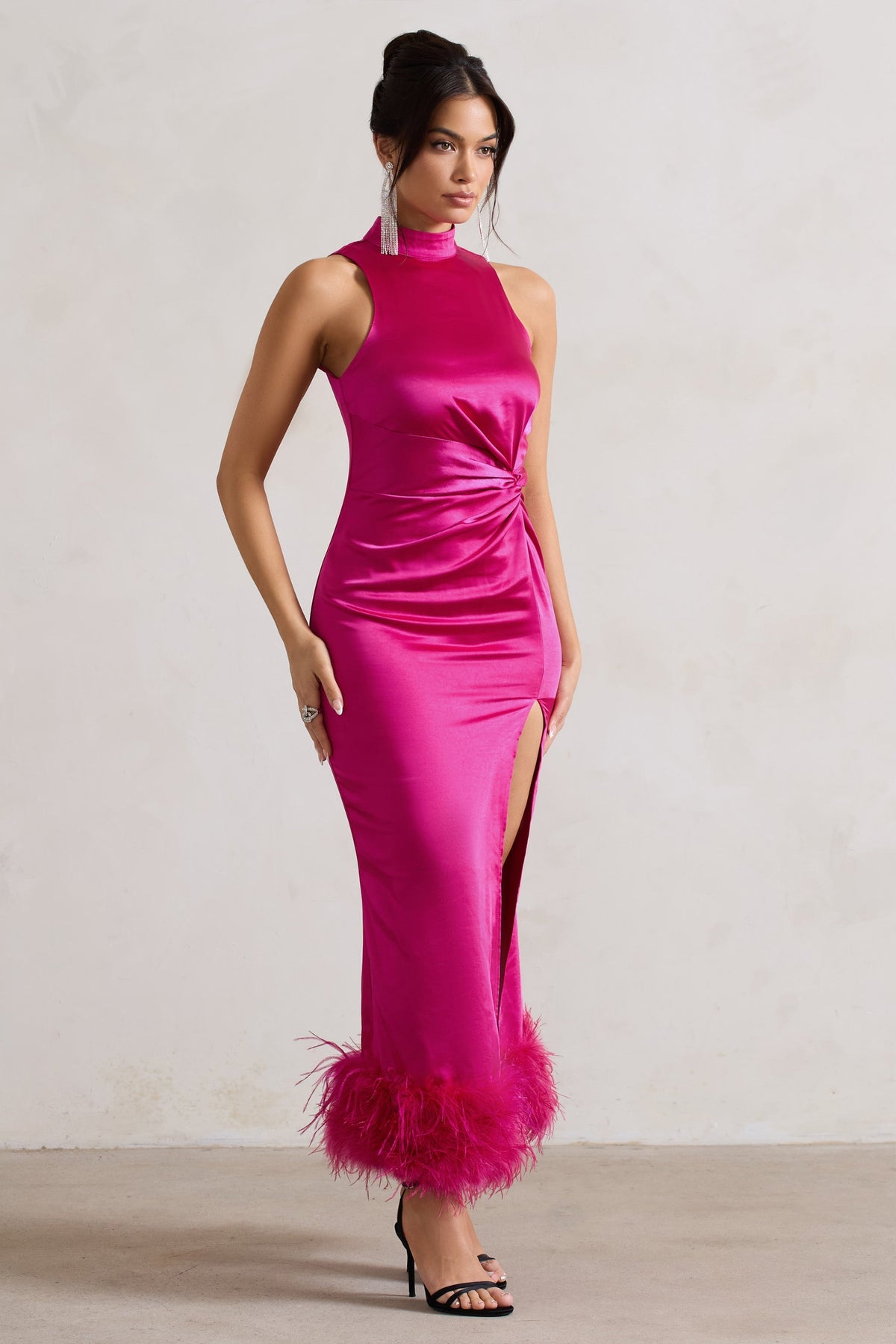 Zoe | Dark Pink Satin Twist Split Maxi Dress With Feather Trim