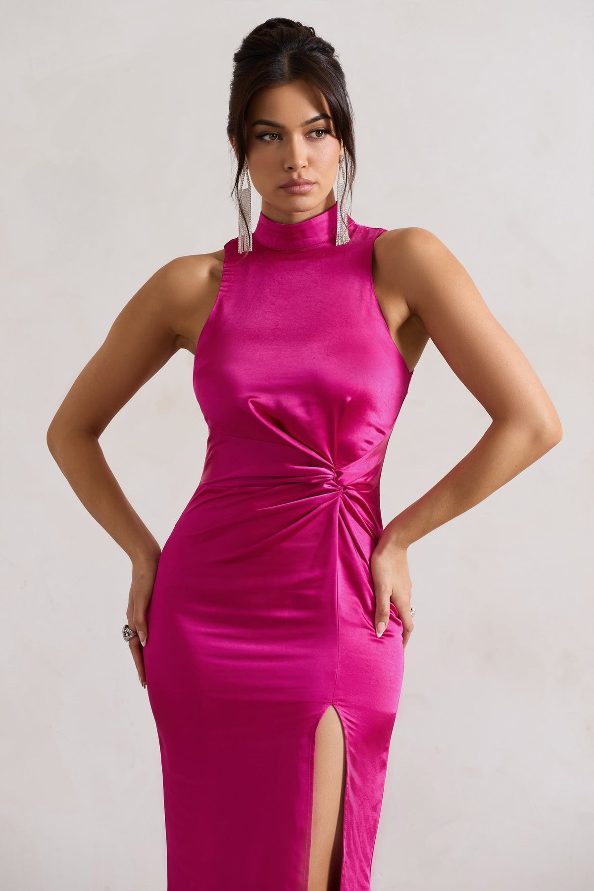 Zoe | Dark Pink Satin Twist Split Maxi Dress With Feather Trim