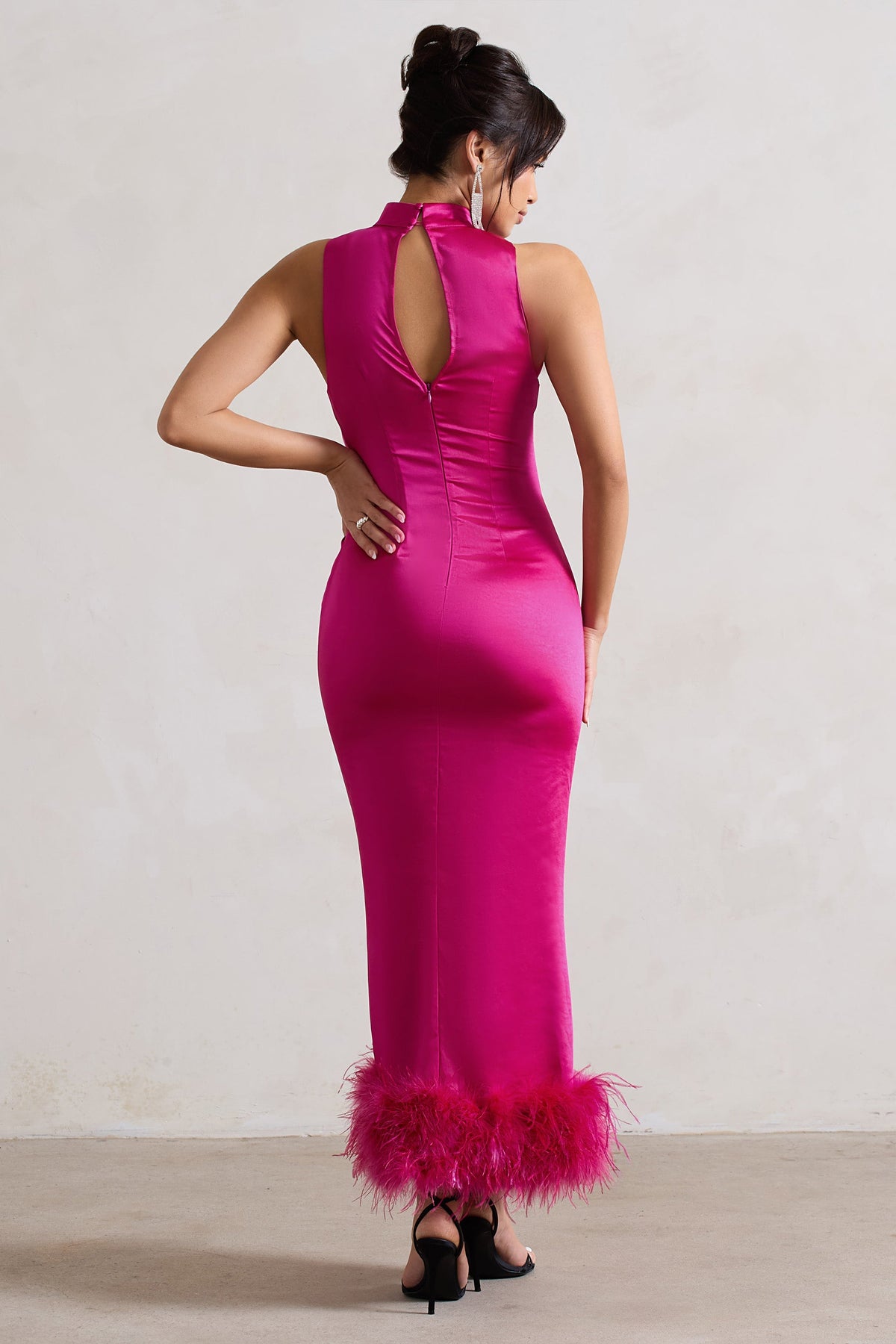 Zoe | Dark Pink Satin Twist Split Maxi Dress With Feather Trim