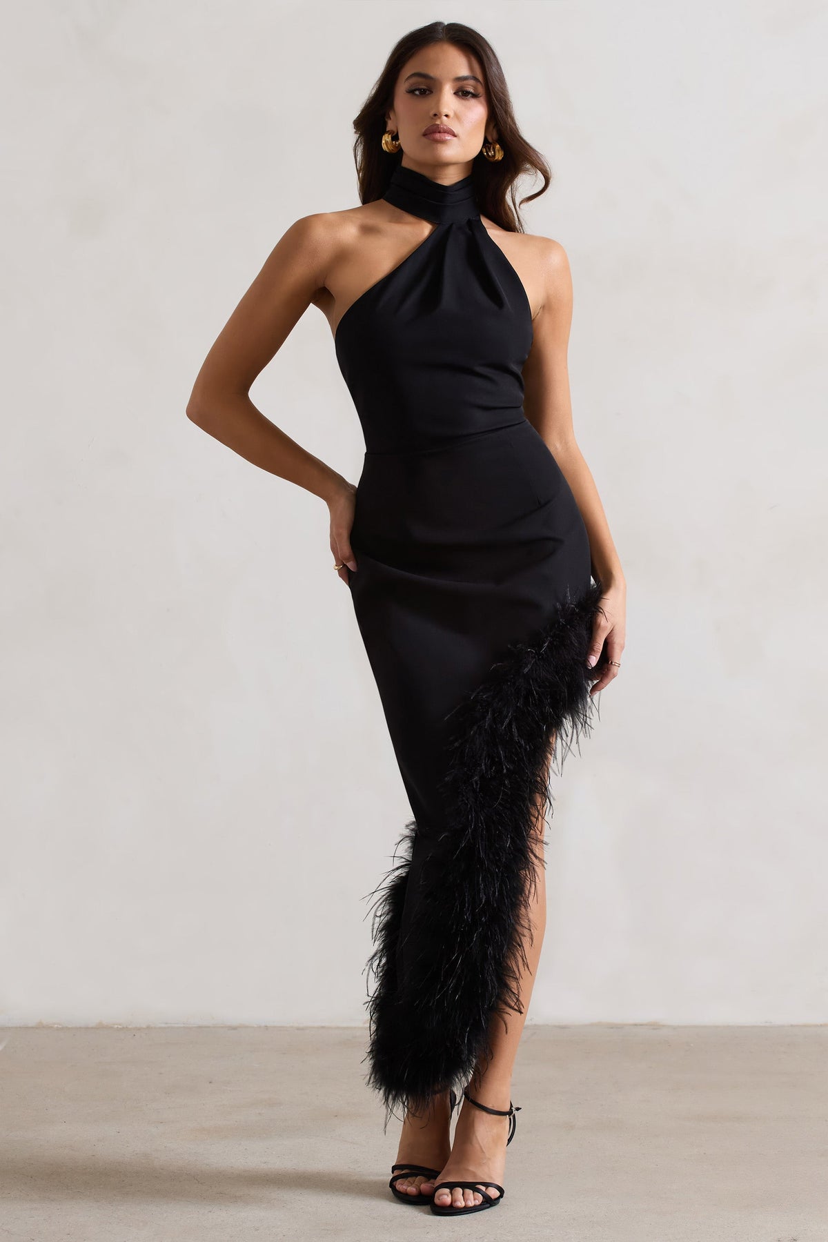 Brilliance | Black Asymmetric Maxi Dress With Feather Trim