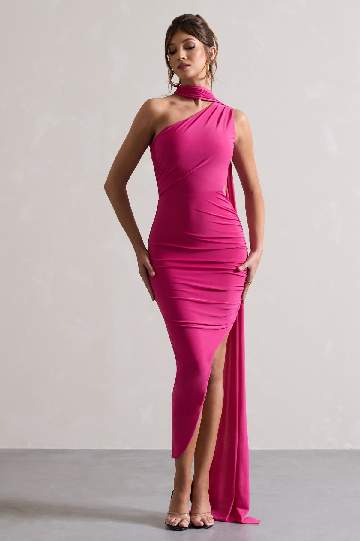 Icon | Dark Pink Asymmetric Cut-Out Maxi Dress With Scarf