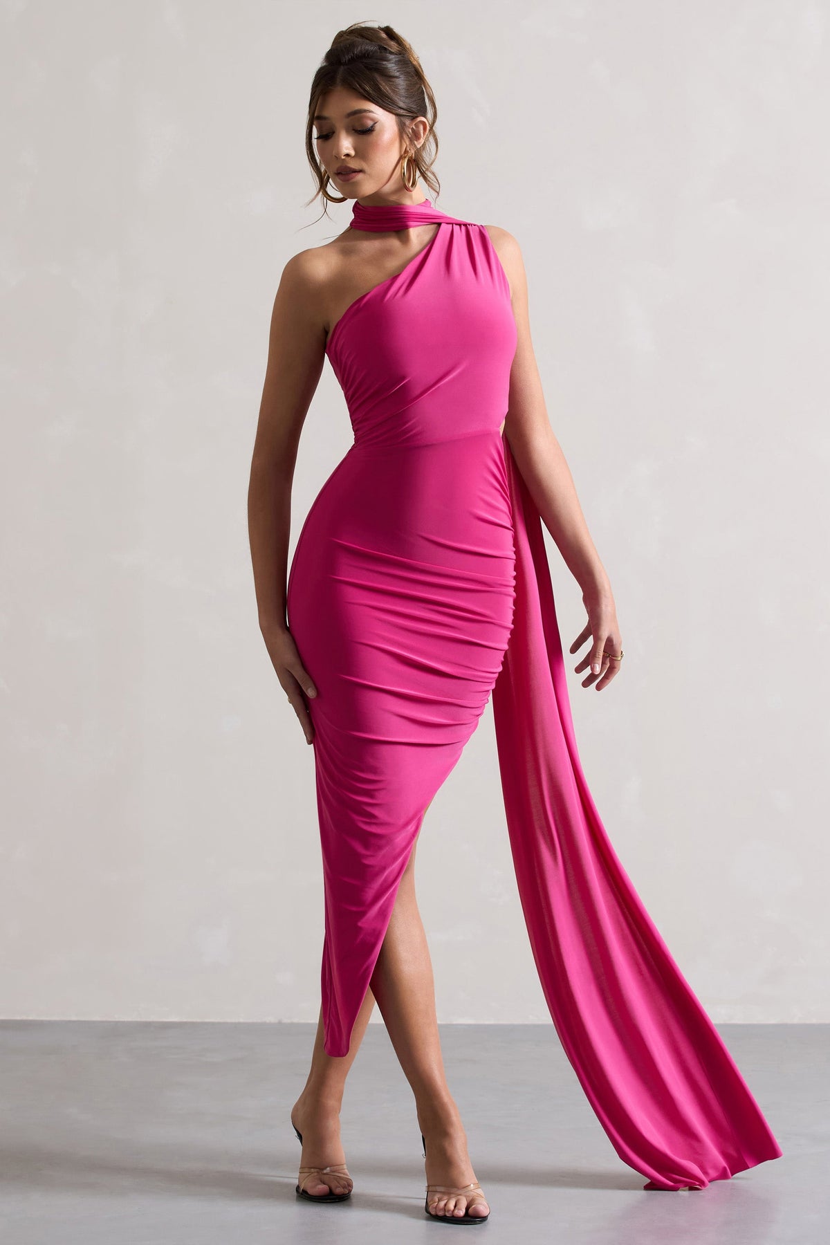 Icon | Dark Pink Asymmetric Cut-Out Maxi Dress With Scarf