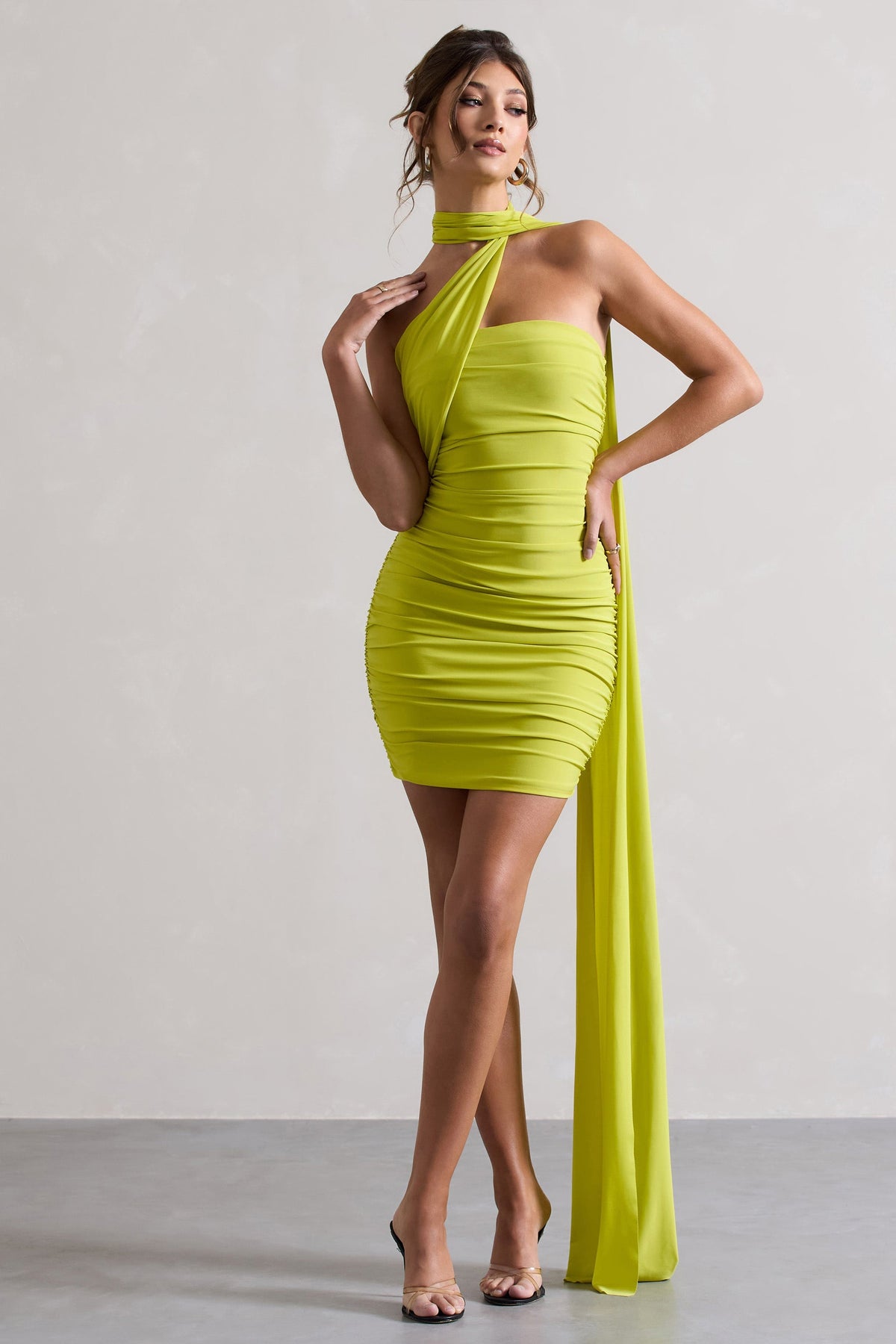 Abel | Lime Green Ruched Asymmetric Mini Dress With Scarf