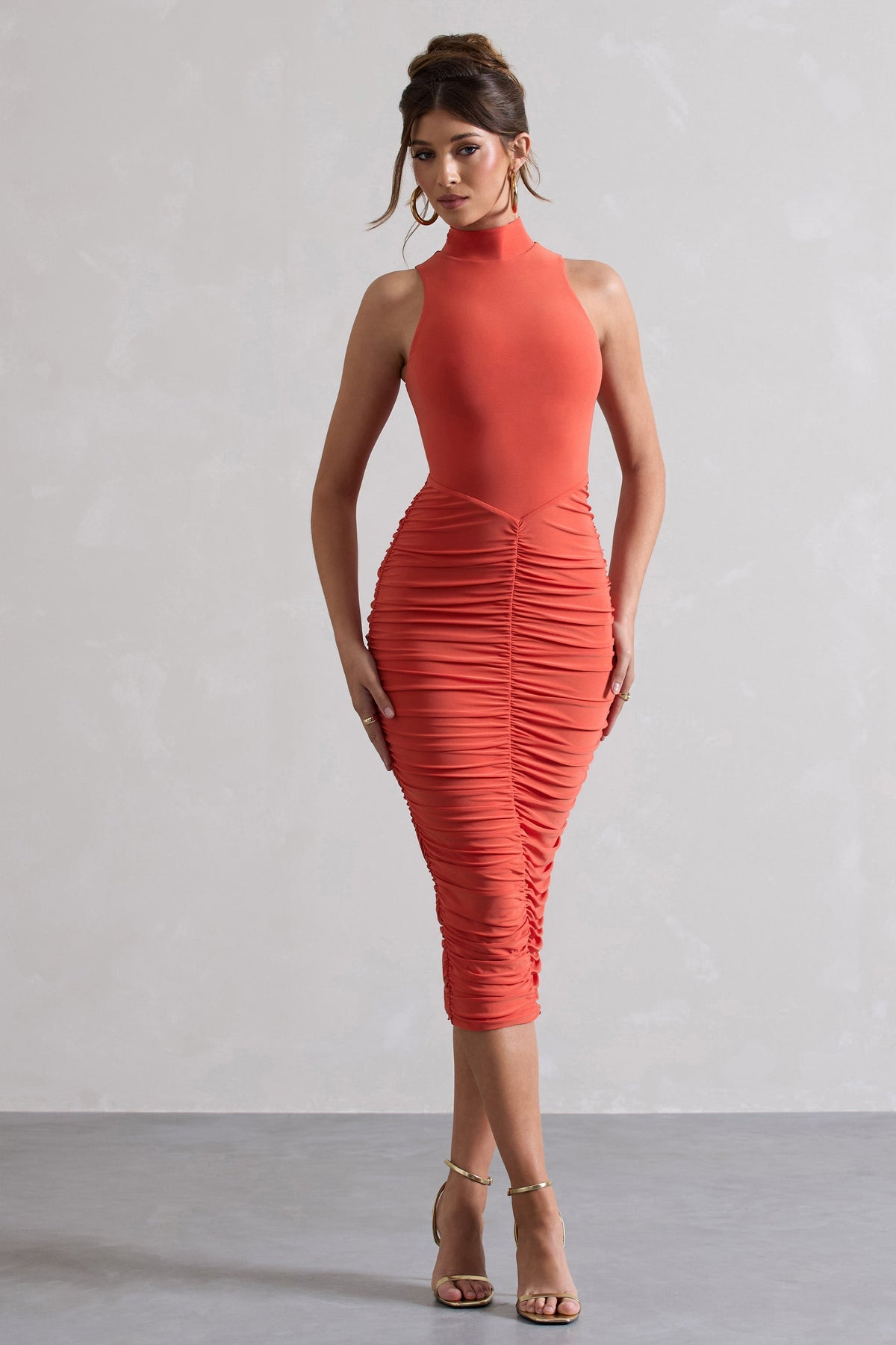 Sidnie | Orange Ruched Bodycon High-Neck Midi Dress