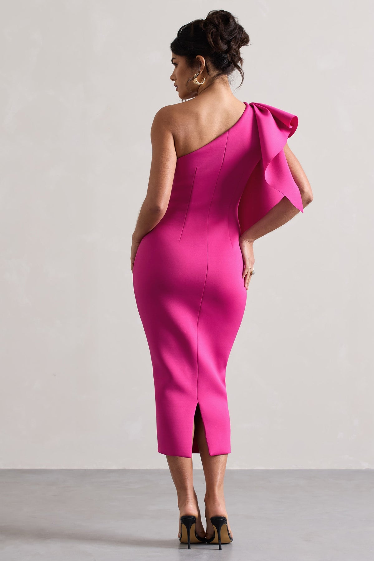 Polo | Dark Pink  Asymmetric Bodycon Midi Dress With Ruffle