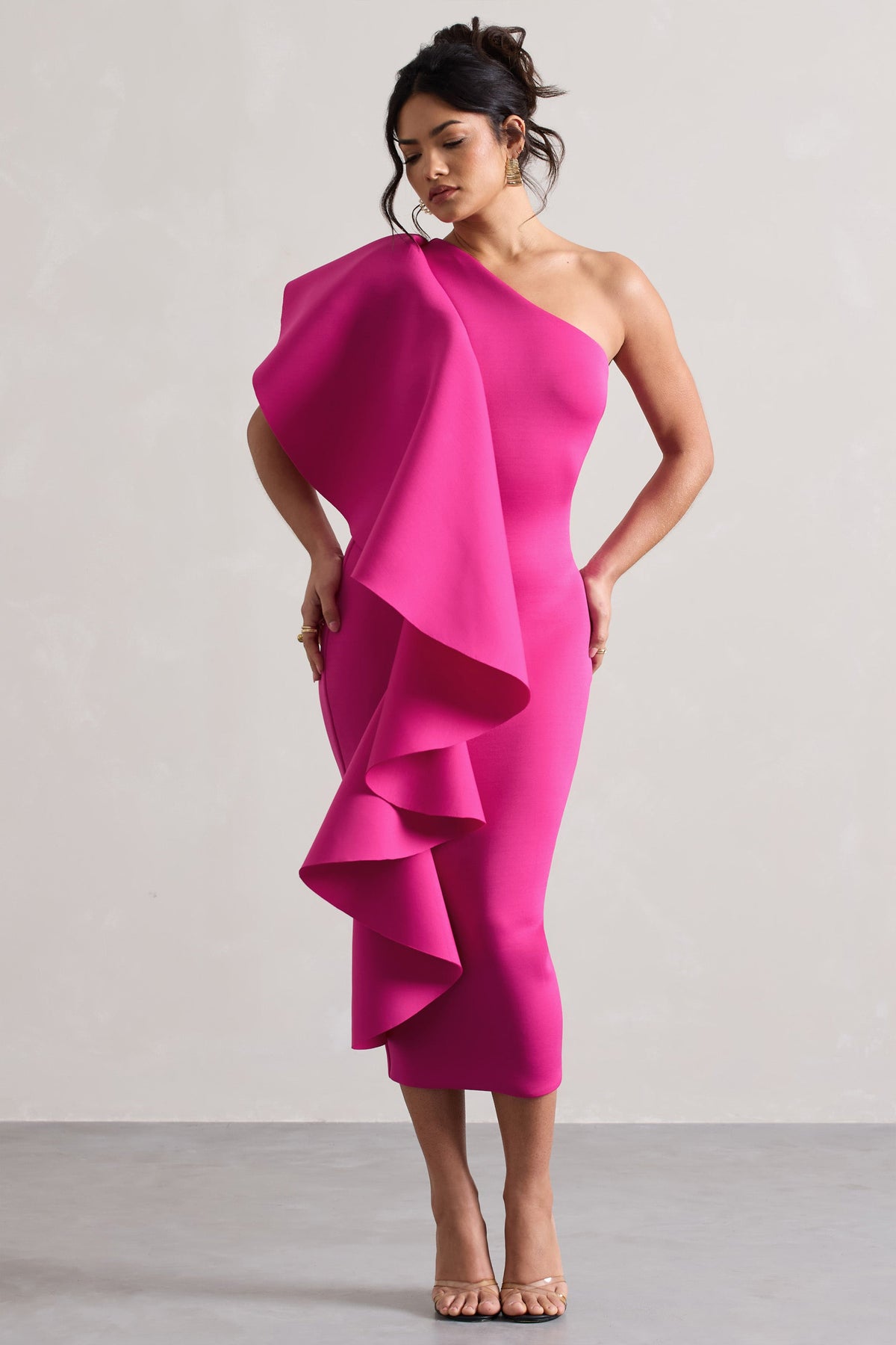 Polo | Dark Pink  Asymmetric Bodycon Midi Dress With Ruffle