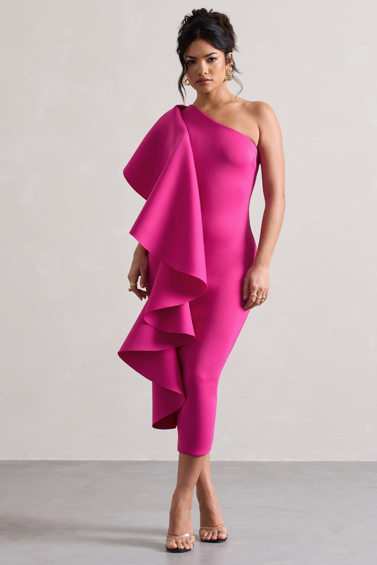 Polo | Dark Pink  Asymmetric Bodycon Midi Dress With Ruffle