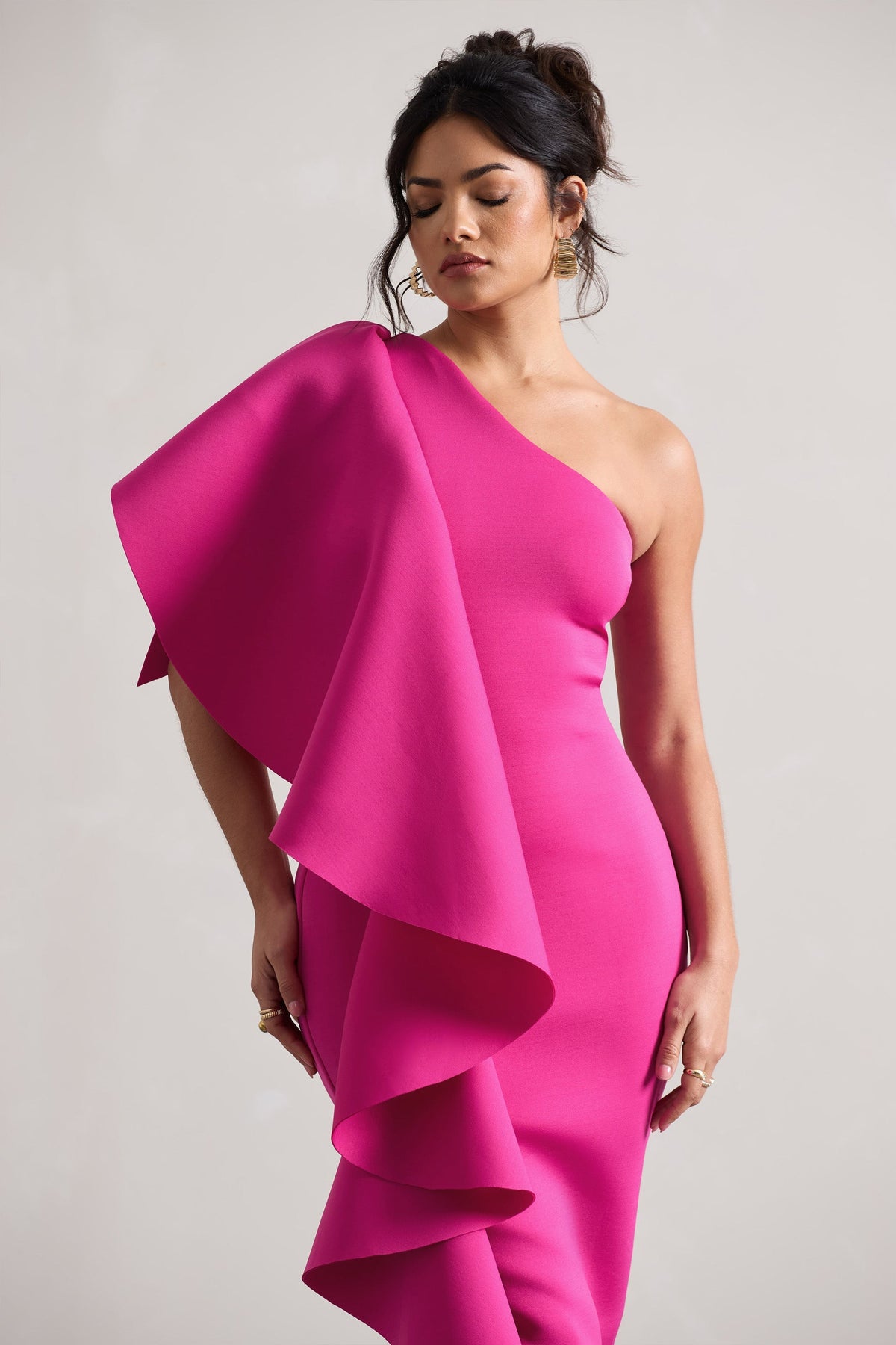 Polo | Dark Pink  Asymmetric Bodycon Midi Dress With Ruffle