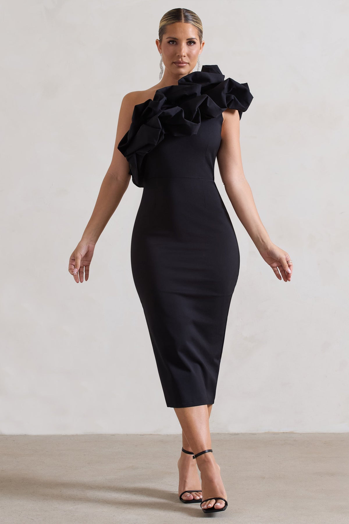 Orchestra Black Asymmetric Ruffled Midi Dress Club L London - SA Orchestra Black Asymmetric Ruffled Midi Dress Club L London - SA
