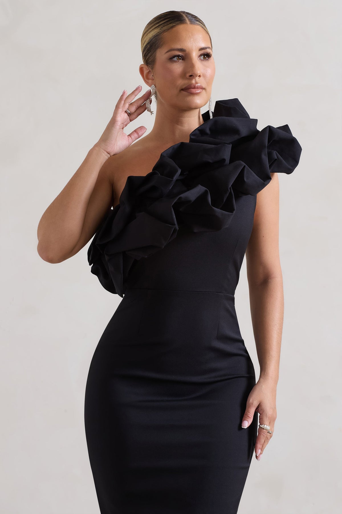 black one shoulder dress with ruffle Orchestra Black Asymmetric Ruffled Midi Dress Club L London