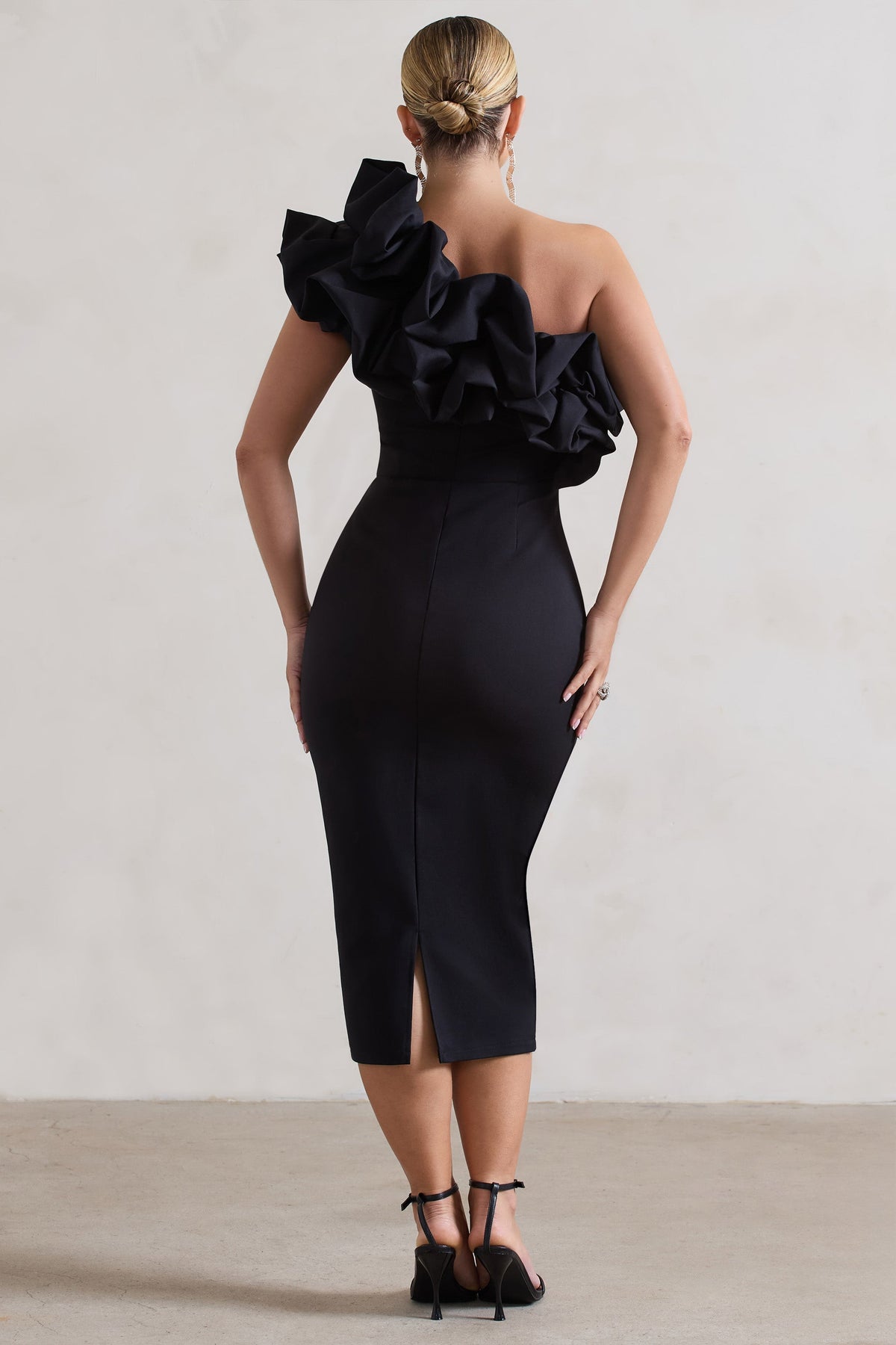 Orchestra Black Asymmetric Ruffled Midi Dress Club L London - SA Orchestra Black Asymmetric Ruffled Midi Dress Club L London - SA