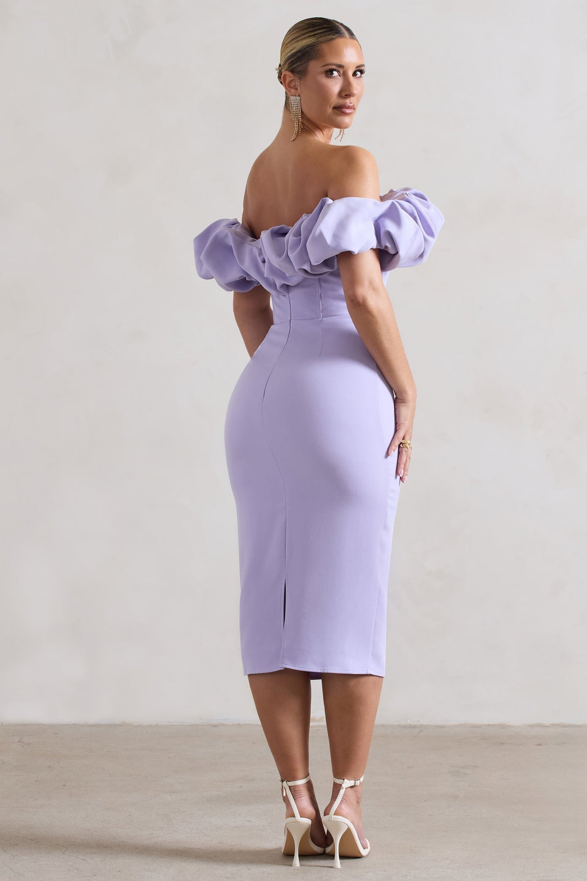 Amie | Lilac Structured Ruffle Bardot Midi Dress