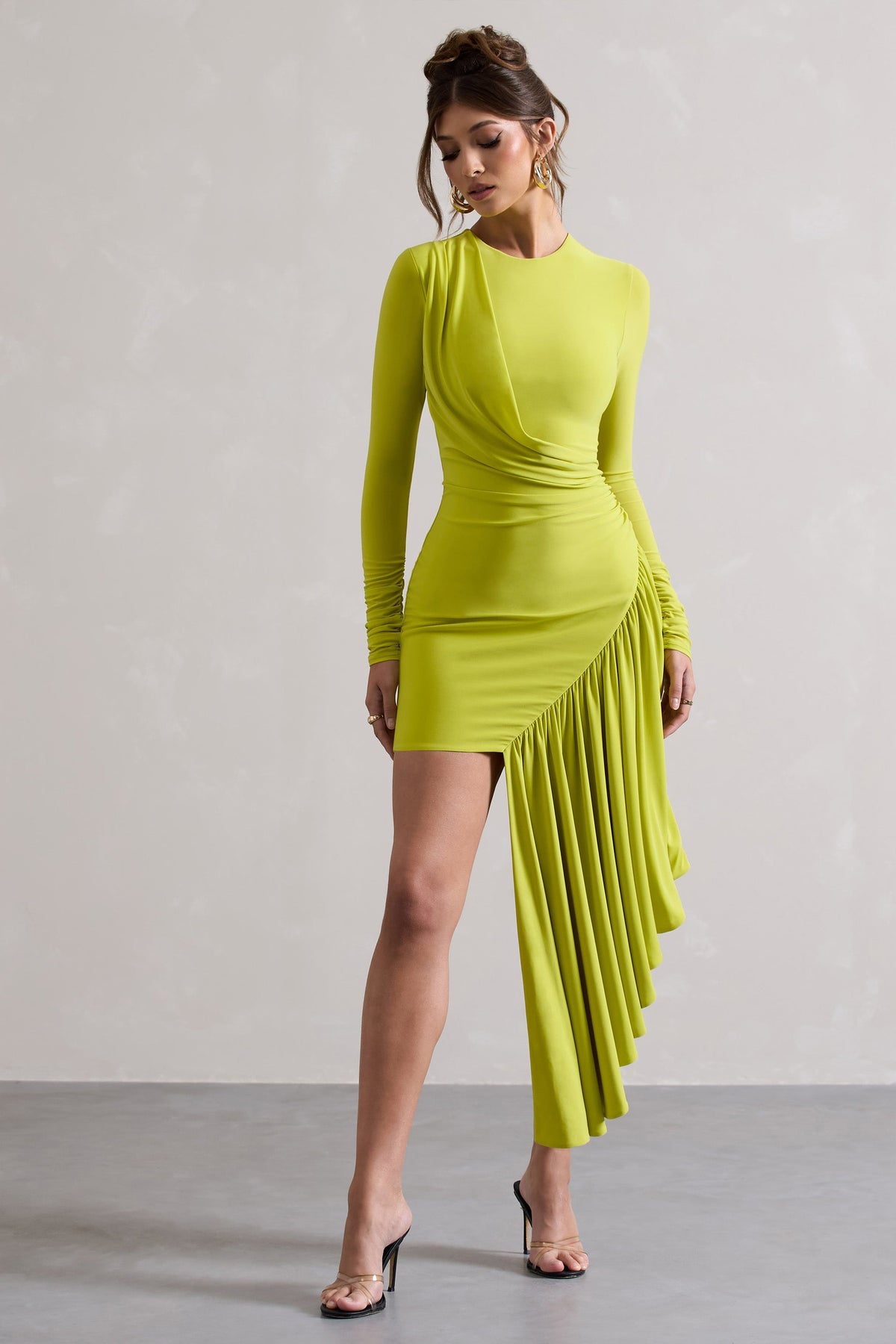 Tate | Lime Green Long-Sleeve Wrap Mini Dress With Drape