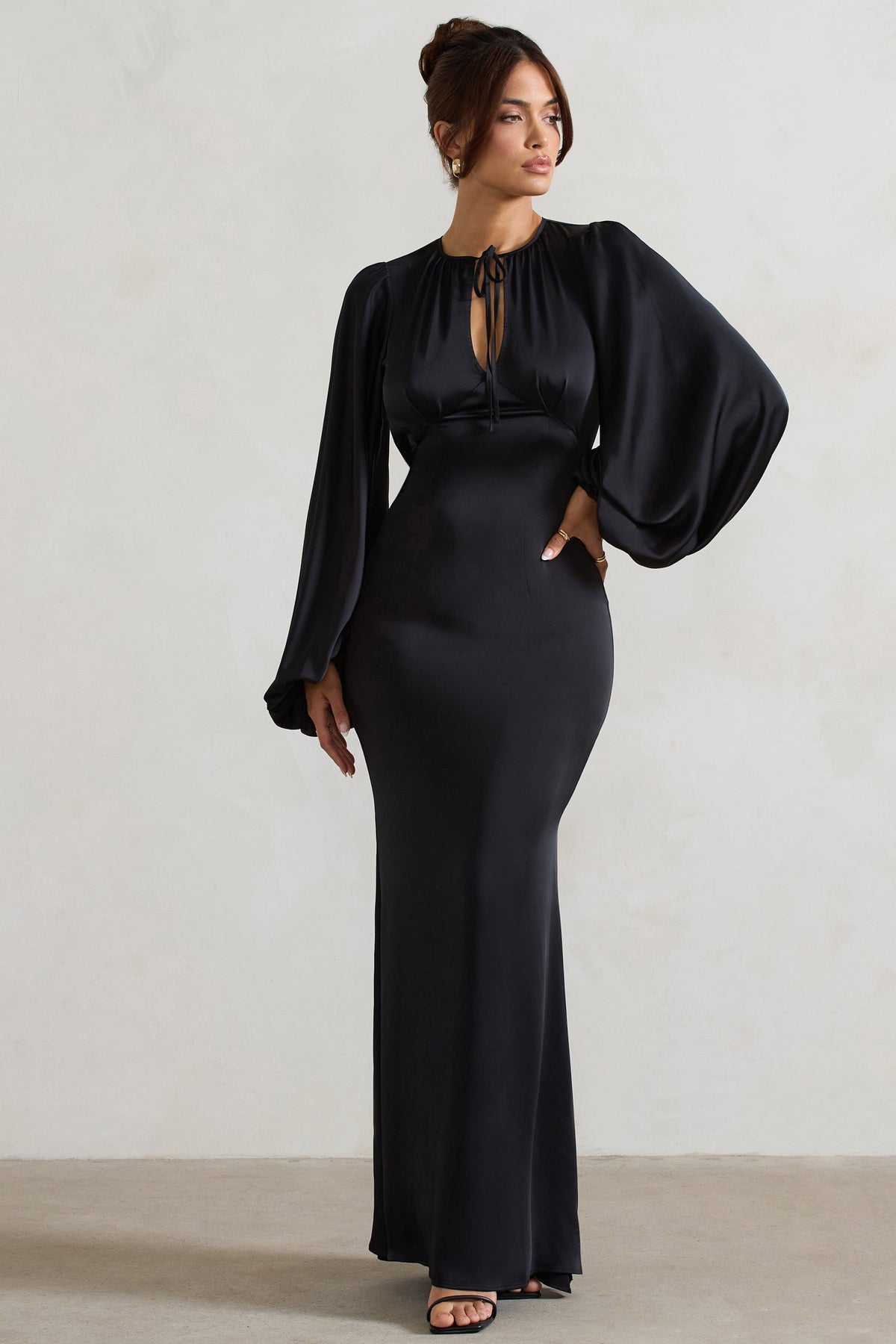 Wild Rose | Black Satin Puff-Sleeve Cut-Out Maxi Dress