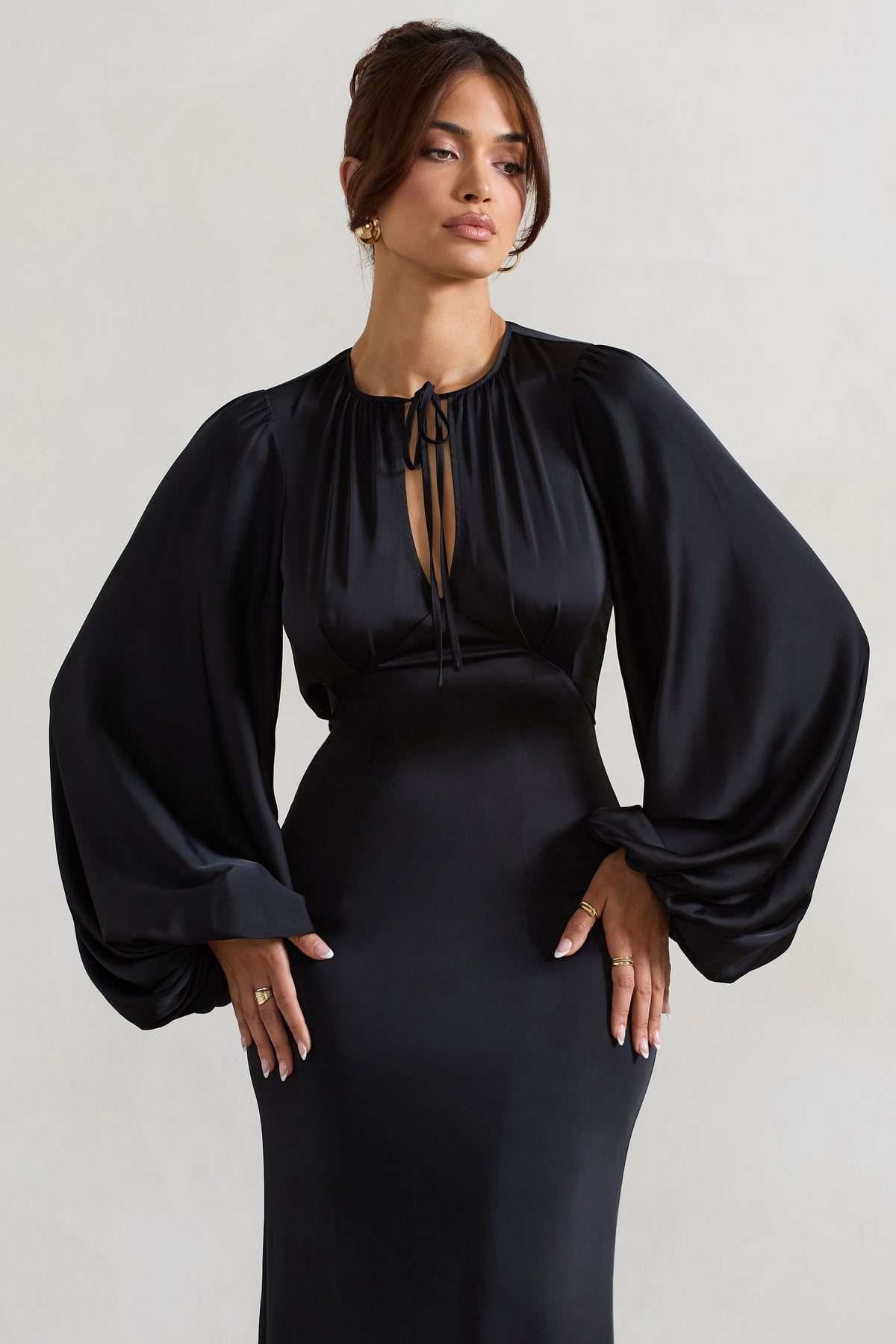 Wild Rose | Black Satin Puff-Sleeve Cut-Out Maxi Dress