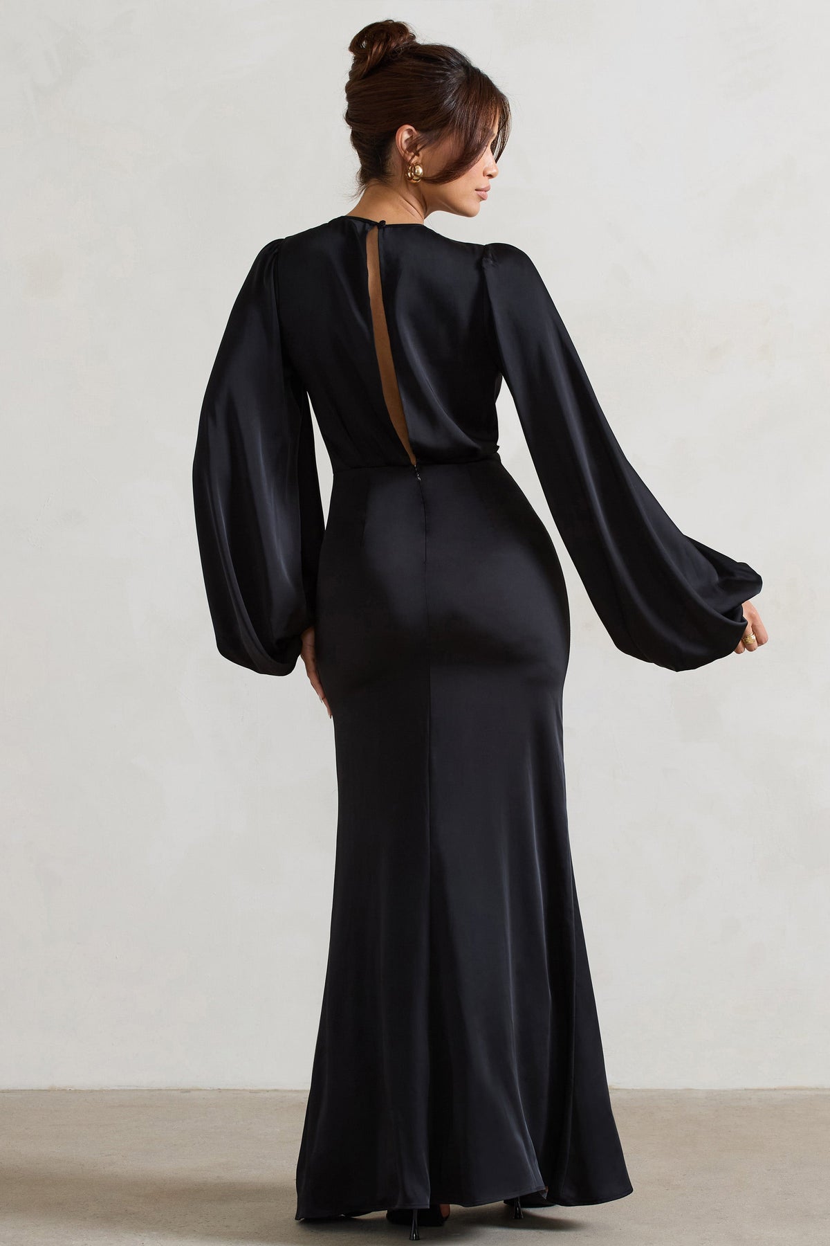 Wild Rose | Black Satin Puff-Sleeve Cut-Out Maxi Dress