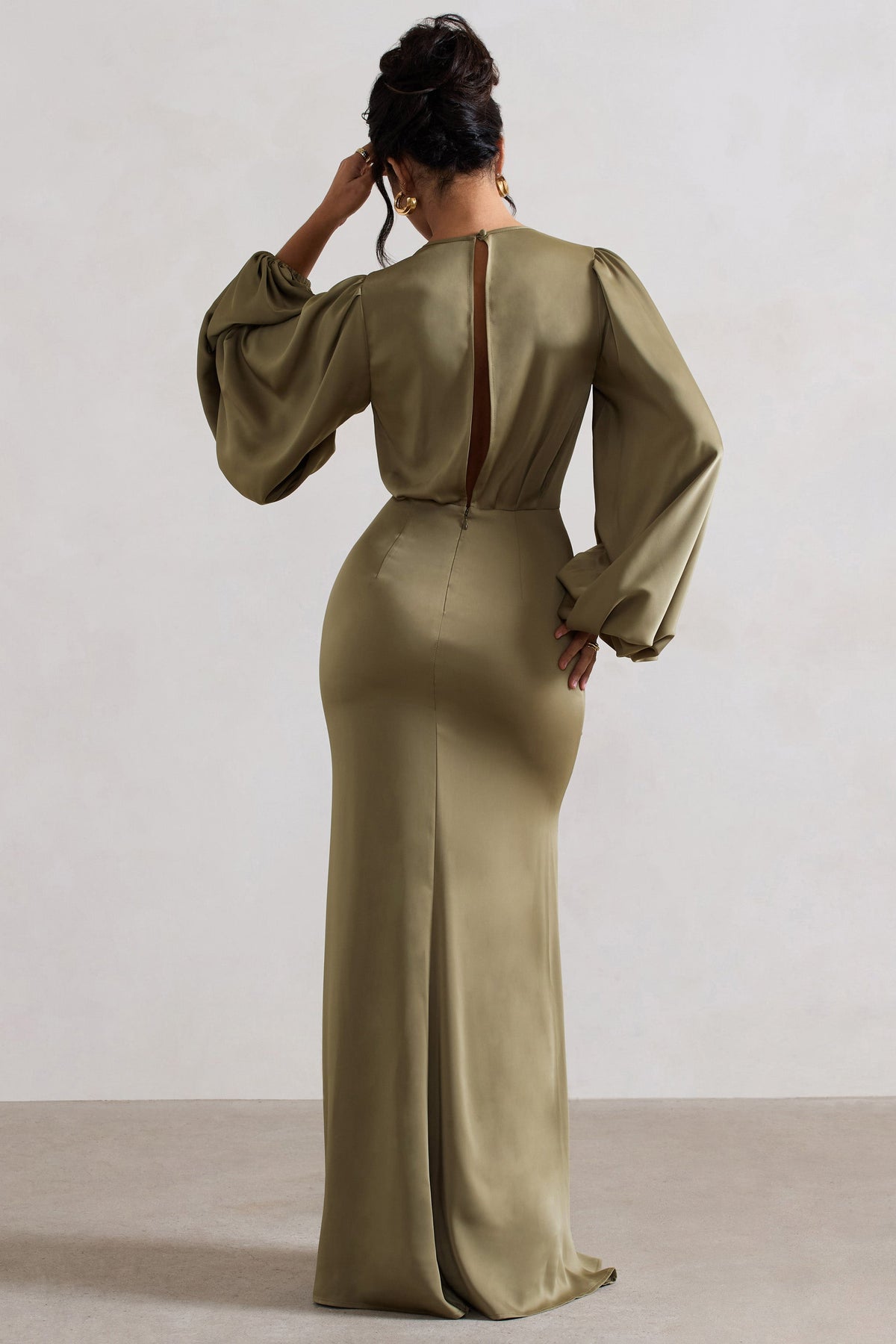 Wild Rose | Olive Satin Puff-Sleeve Cut-Out Maxi Dress