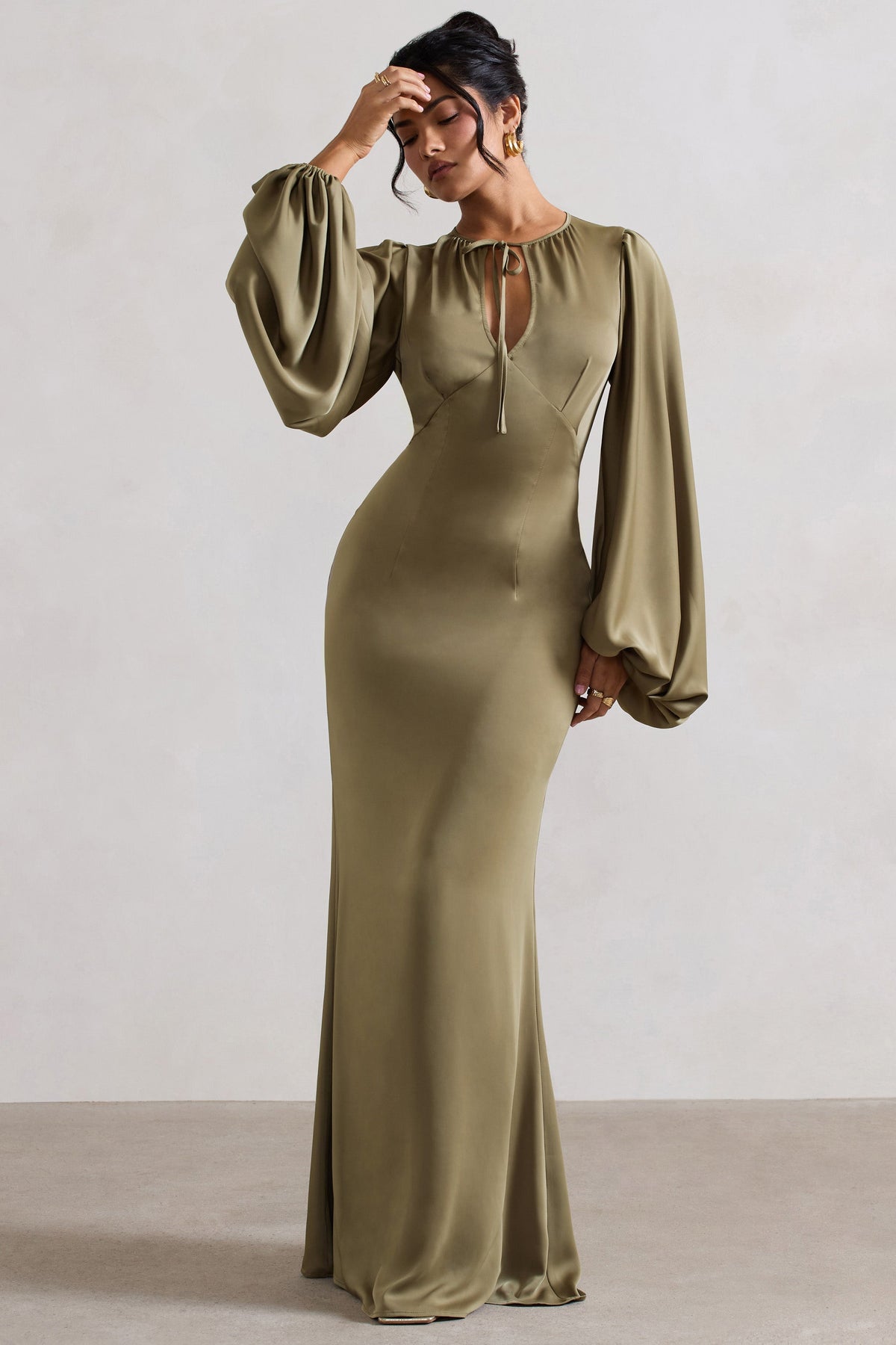 Wild Rose | Olive Satin Puff-Sleeve Cut-Out Maxi Dress