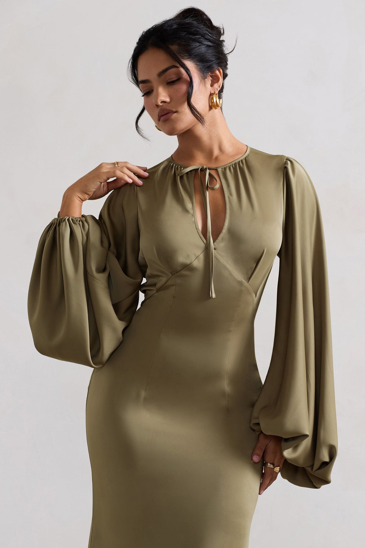 Wild Rose | Olive Satin Puff-Sleeve Cut-Out Maxi Dress