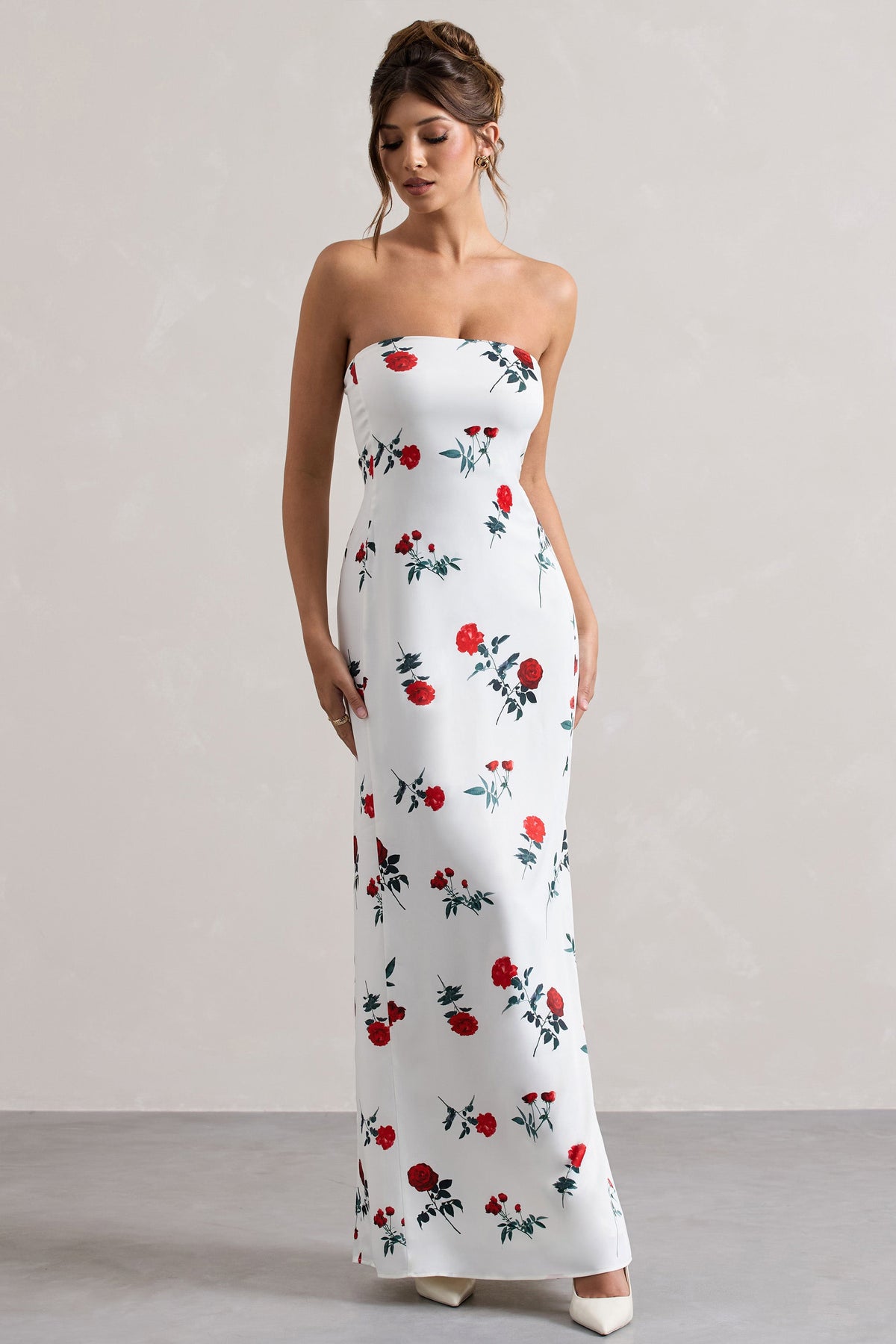 Azra | Rose Print Satin Bandeau Maxi Dress