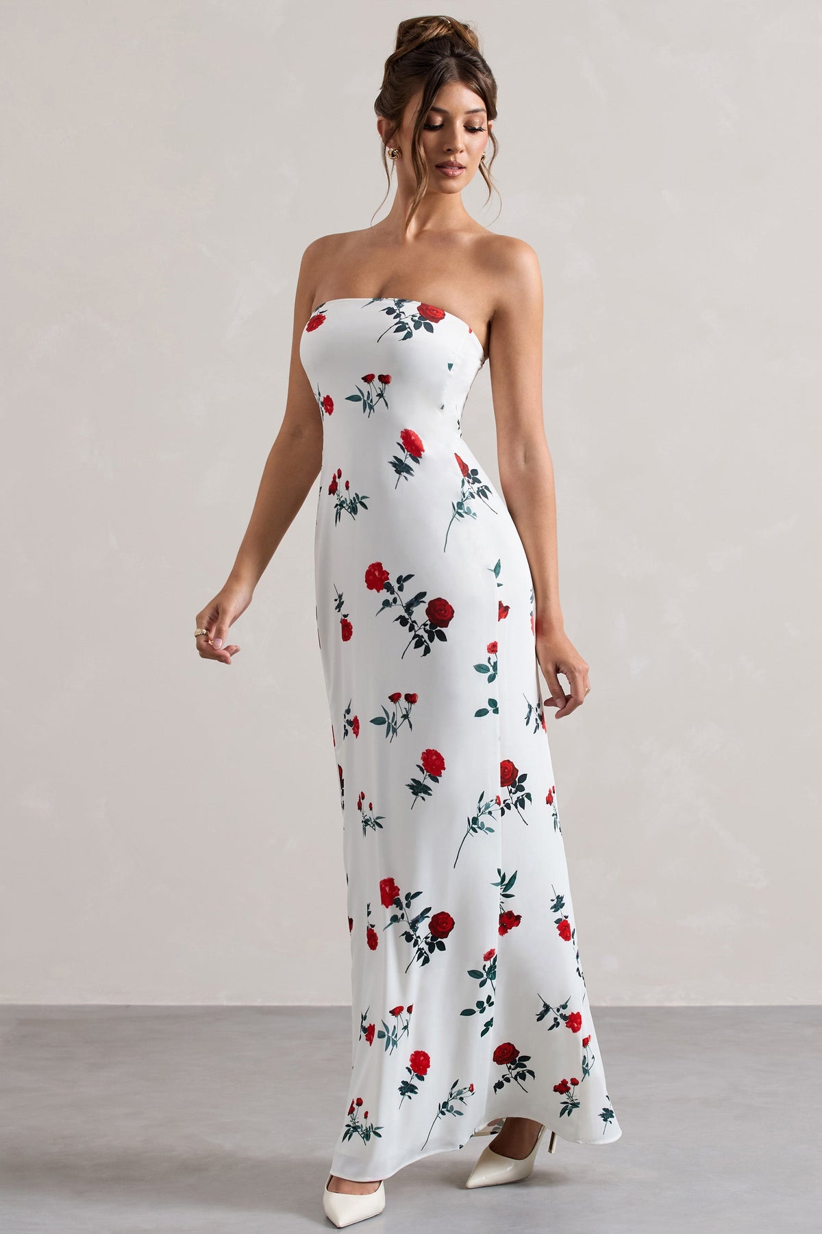 Azra | Rose Print Satin Bandeau Maxi Dress