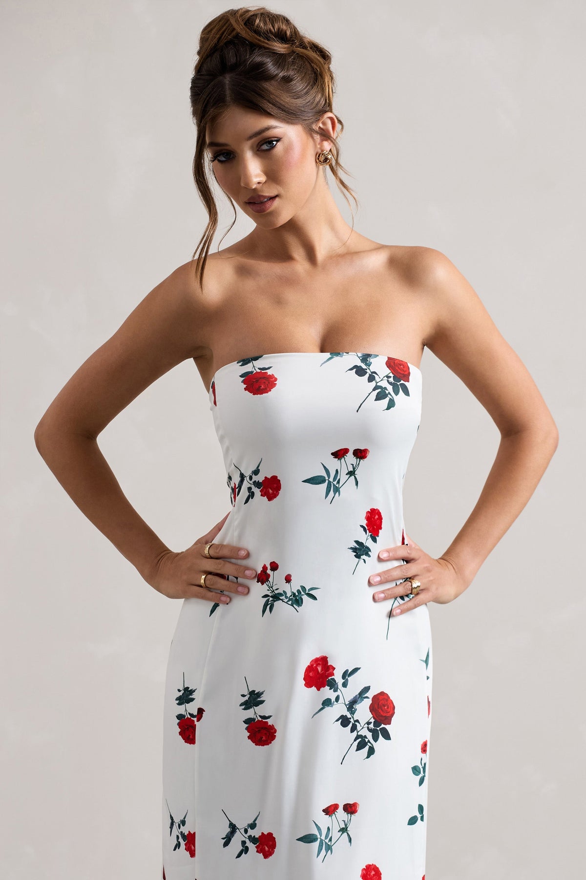 Azra | Rose Print Satin Bandeau Maxi Dress