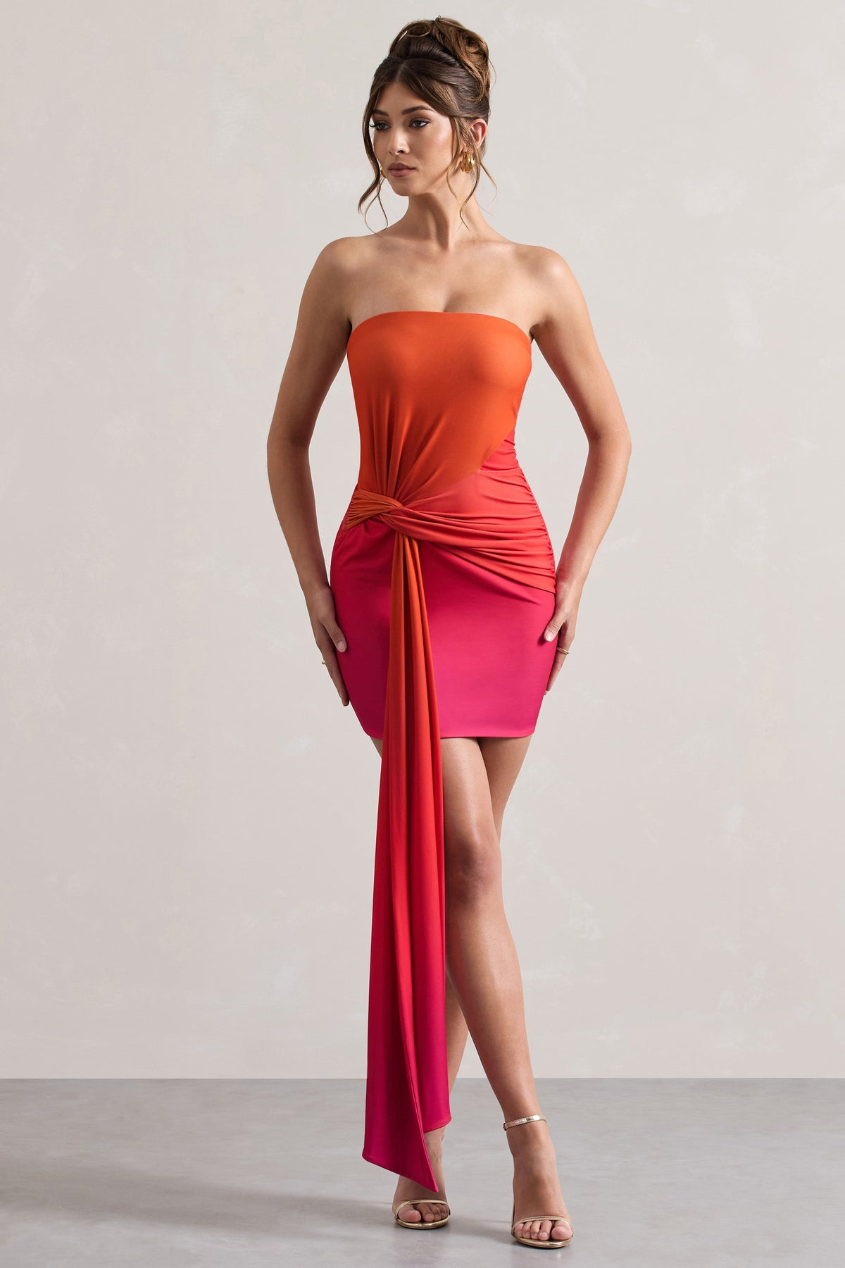 Azora Pink & Orange Ombre Bandeau Mini Dress With Twisted Sash Club L London - SA Azora Pink & Orange Ombre Bandeau Mini Dress With Twisted Sash Club L London - SA