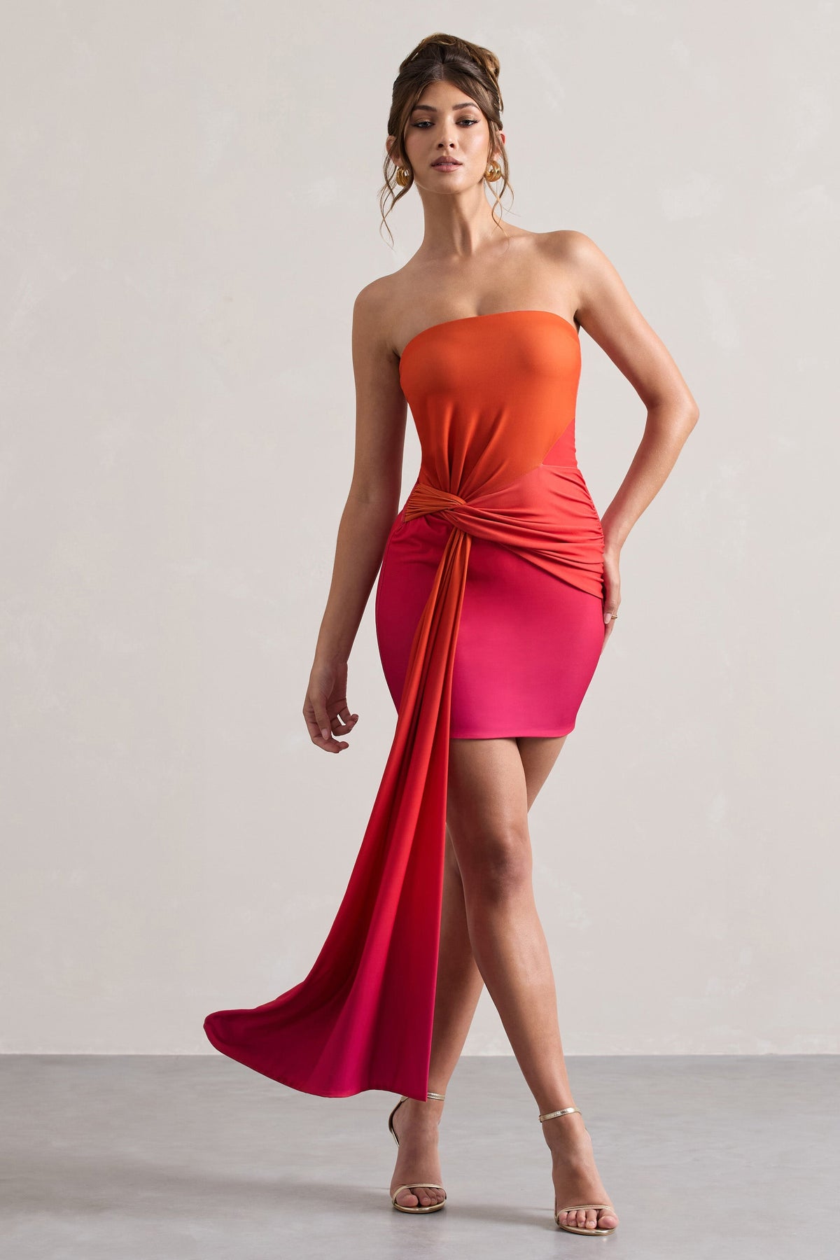 pink and orange ombre dress Azora Pink & Orange Ombre Bandeau Mini Dress With Twisted Sash – Club L London