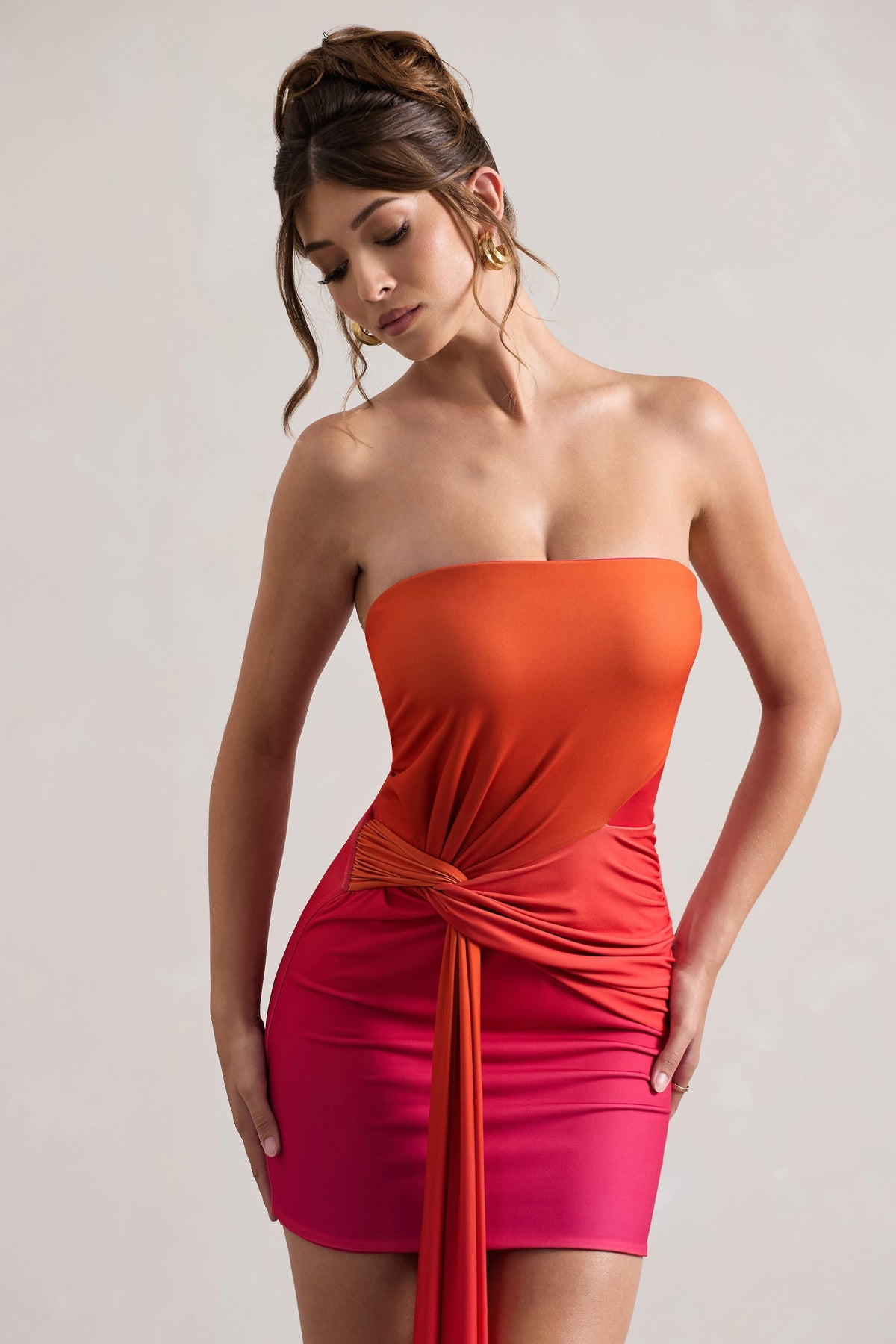 embellished strapless mini dress in red and orange ombr Basel Embellished Strapless Mini Dress Red and Orange Ombr