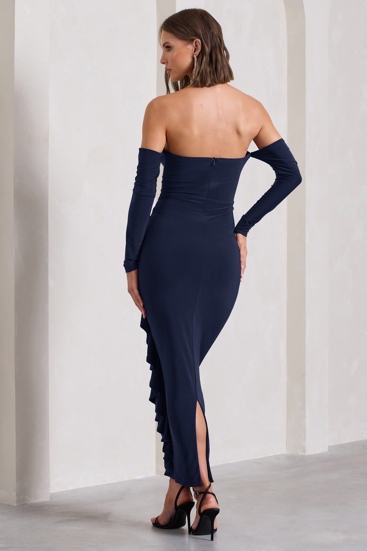 Montana | Navy Bardot Ruffle Maxi Dress