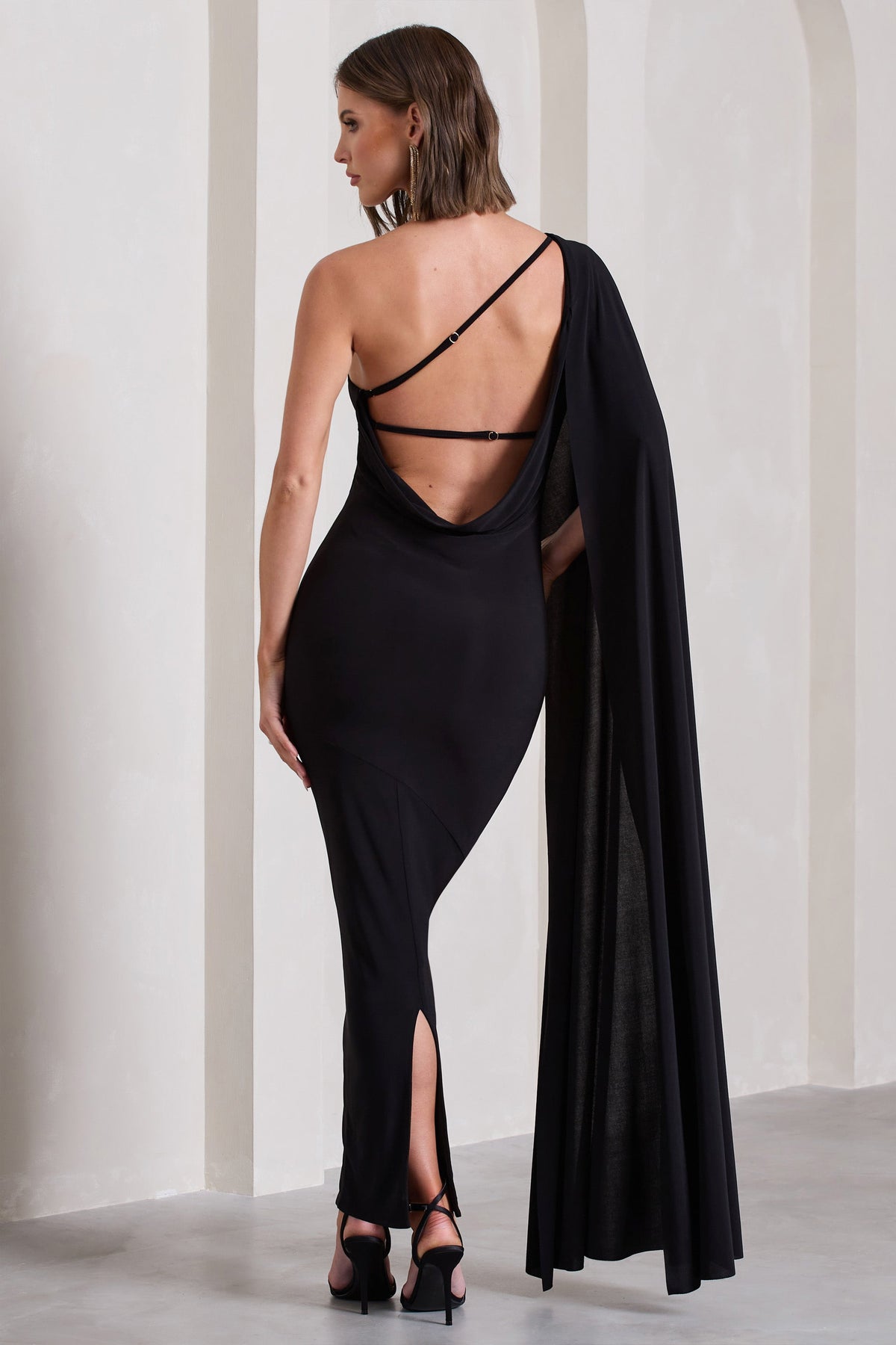 Kamila | Black Asymmetric Open-Back Maxi Dress With Cape Sleeve