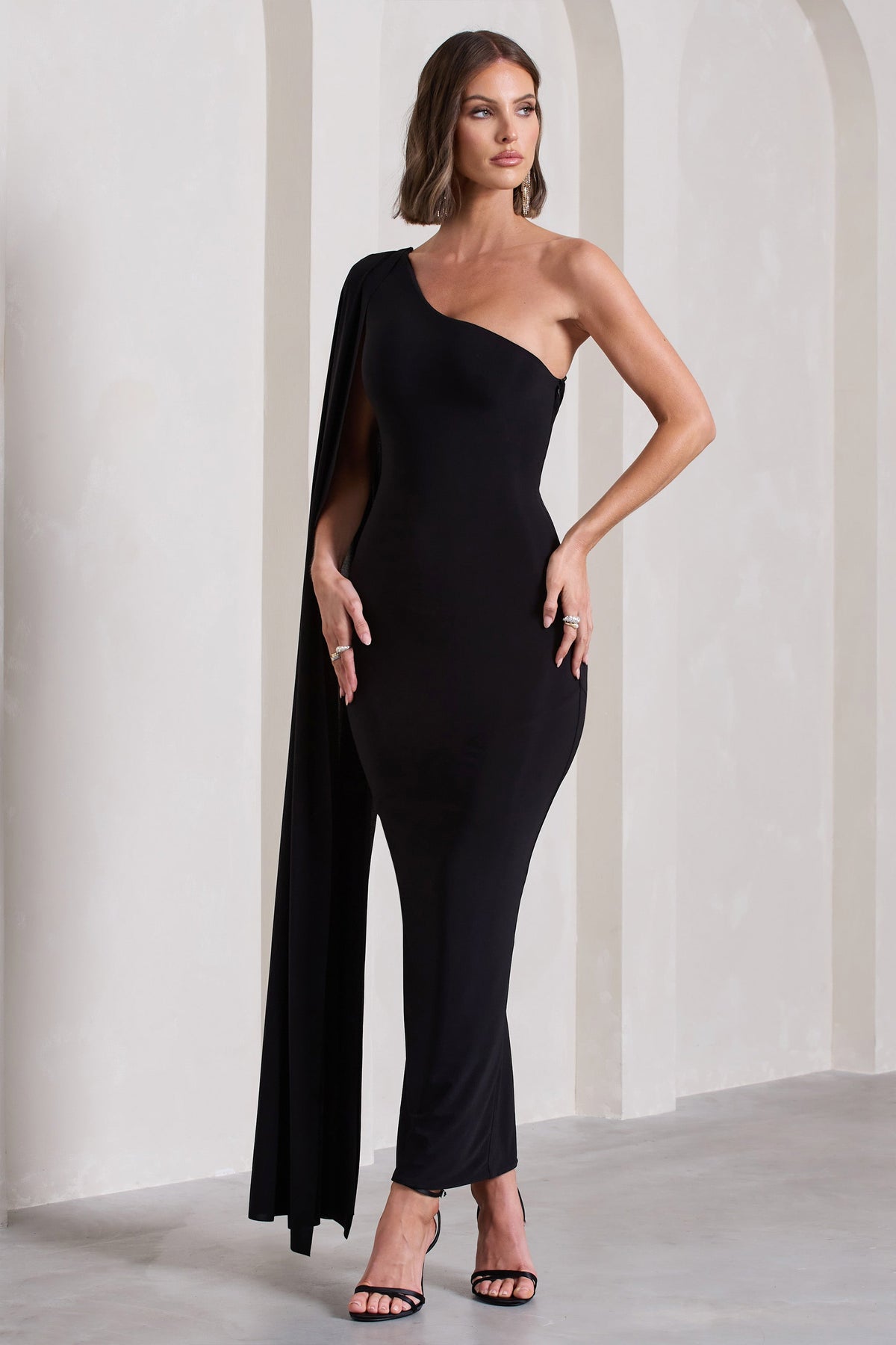 Kamila | Black Asymmetric Open-Back Maxi Dress With Cape Sleeve