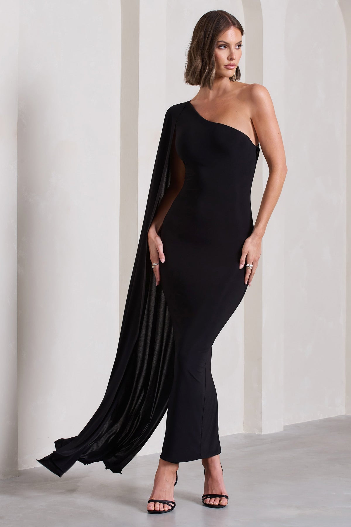 Kamila | Black Asymmetric Open-Back Maxi Dress With Cape Sleeve