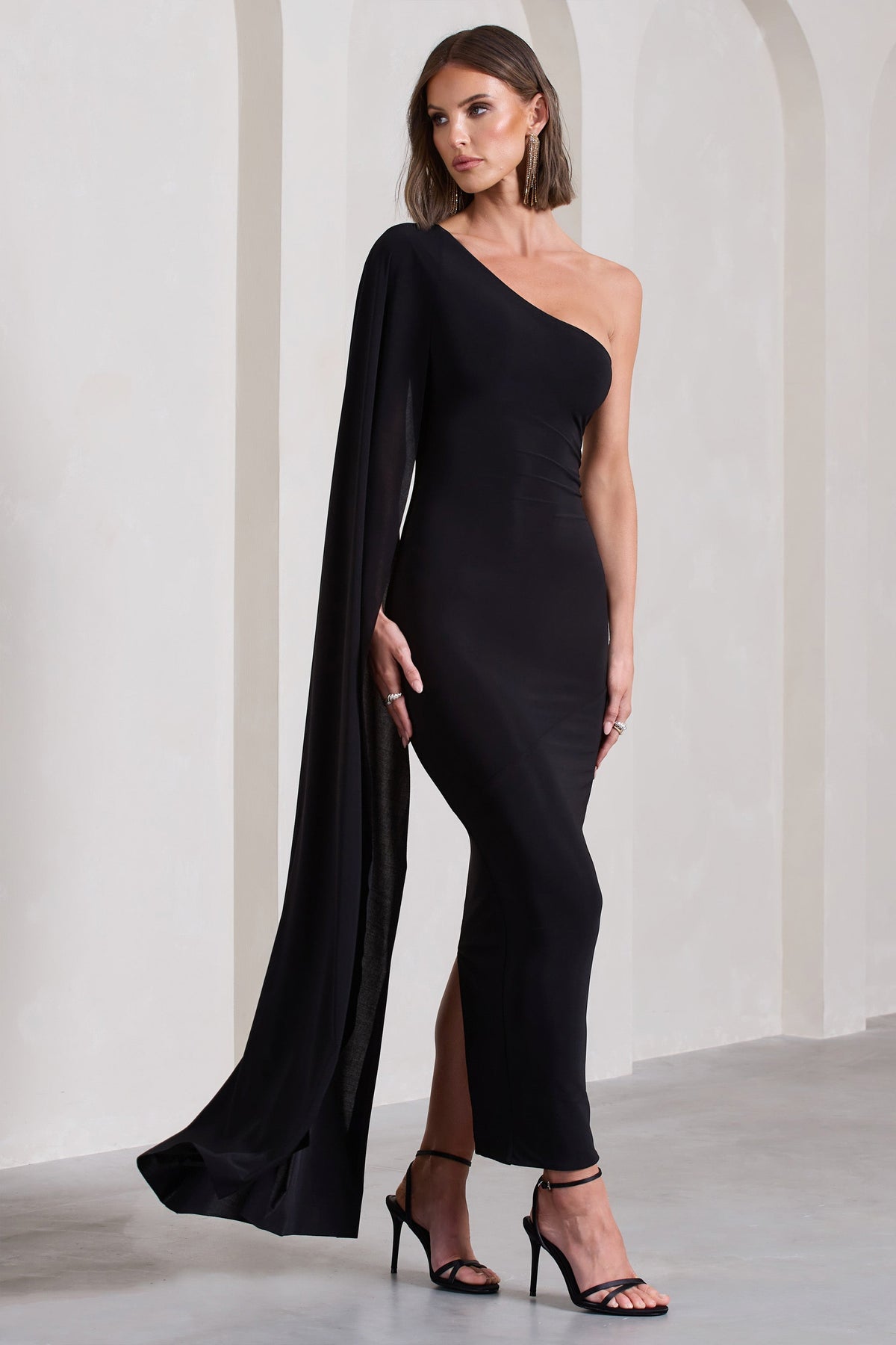 Kamila | Black Asymmetric Open-Back Maxi Dress With Cape Sleeve