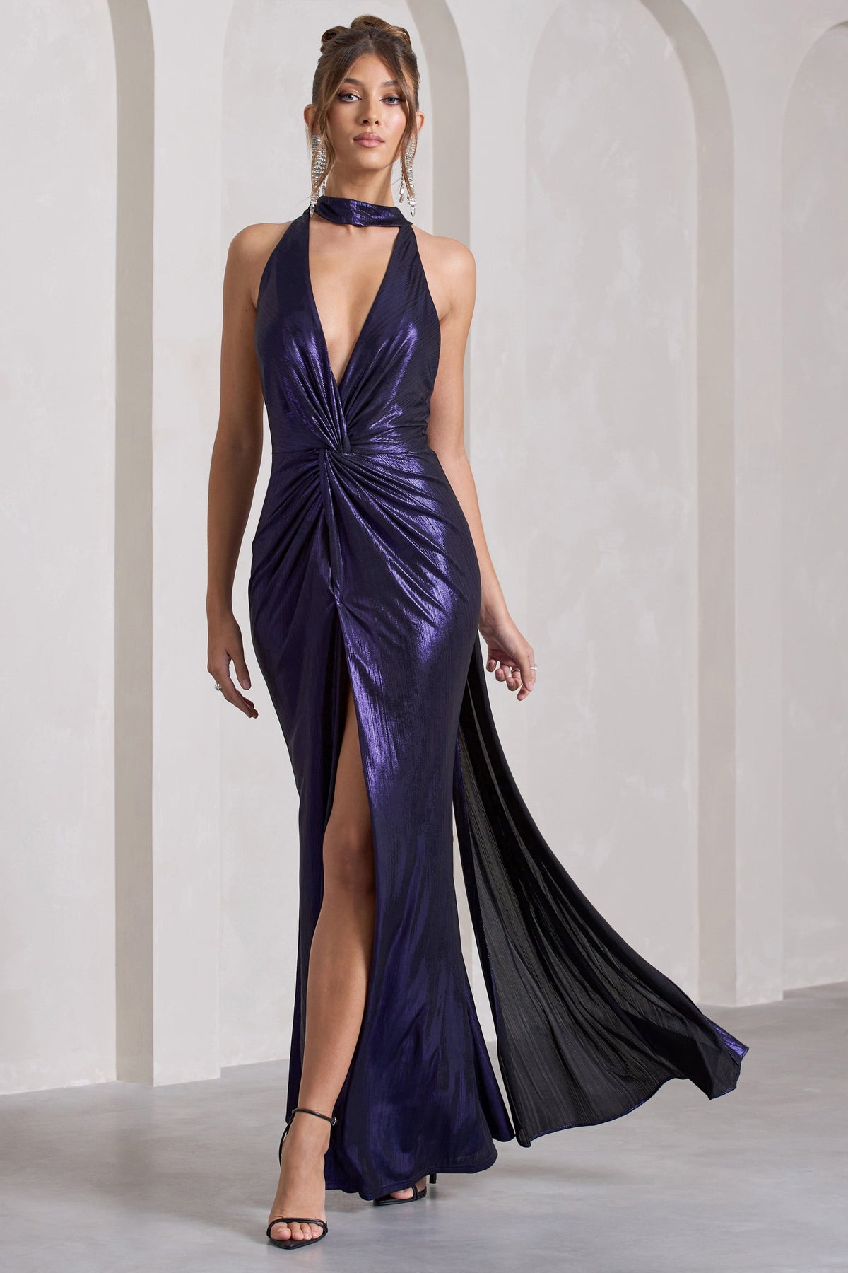 Lost Purple Metallic Halter-Neck Cut-Out Split Maxi Dress With Drape Club L London - SA Lost Purple Metallic Halter-Neck Cut-Out Split Maxi Dress With Drape Club L London - SA