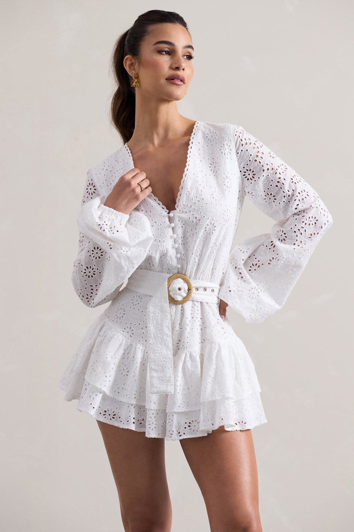 Places To Be | White Broderie Belted Ruffled Playsuit