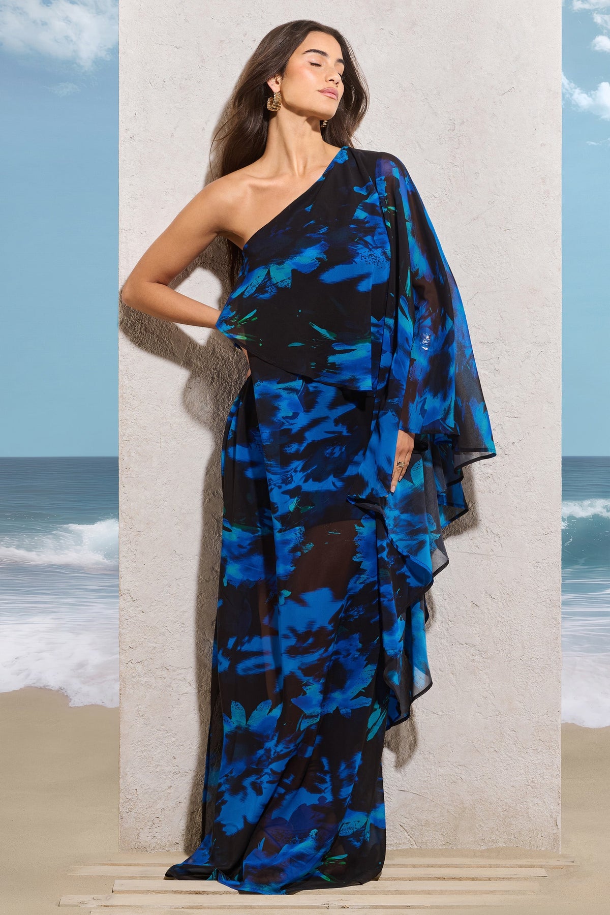 Ripple | Navy Floral Print Chiffon Oversized Asymmetric Maxi Dress