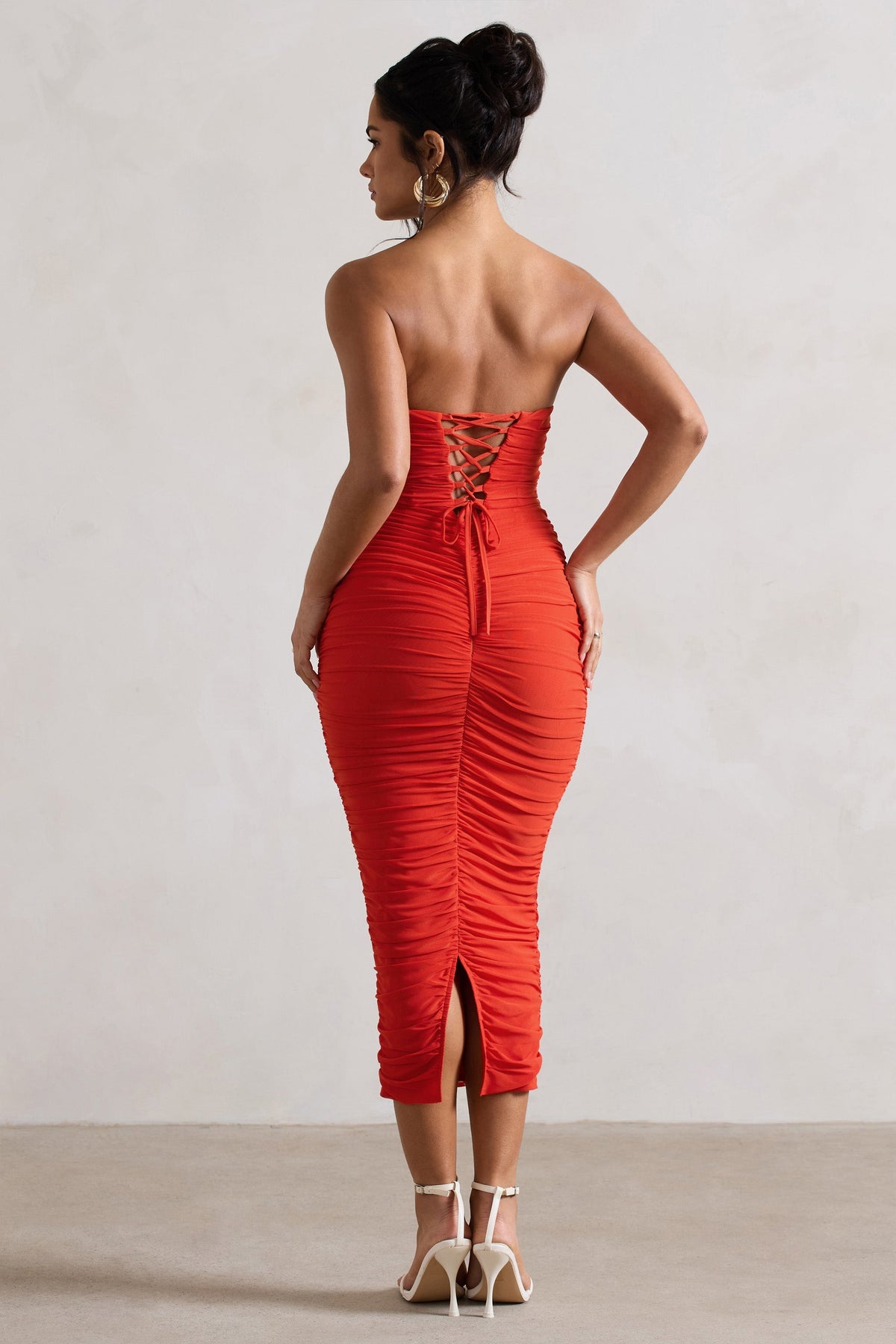 Nylah | Orange Ruched Corset Bodycon Midi Dress