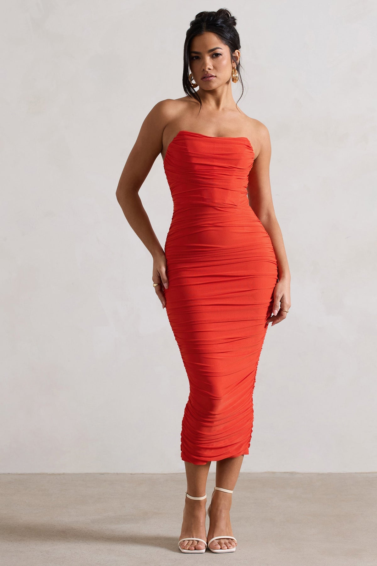 Nylah | Orange Ruched Corset Bodycon Midi Dress