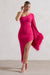 July | Dark Pink Asymmetric Cape Sleeve Midi Dress With Feathers