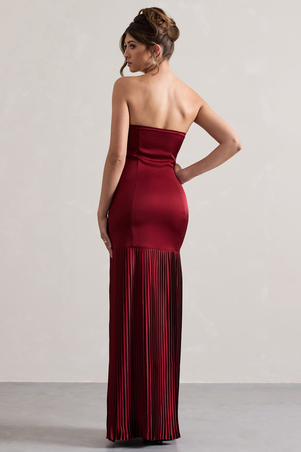 Confidence | Burgundy Satin Bandeau Pleated Split Maxi Dress