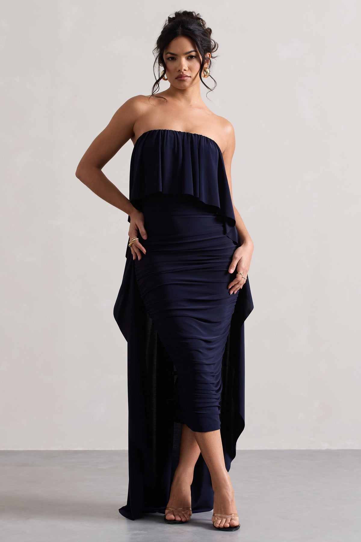 ruched bandeau midi dress Bandeau Ruched Frill Draped Detail Front Split Midi Dress In Blue | EGO US