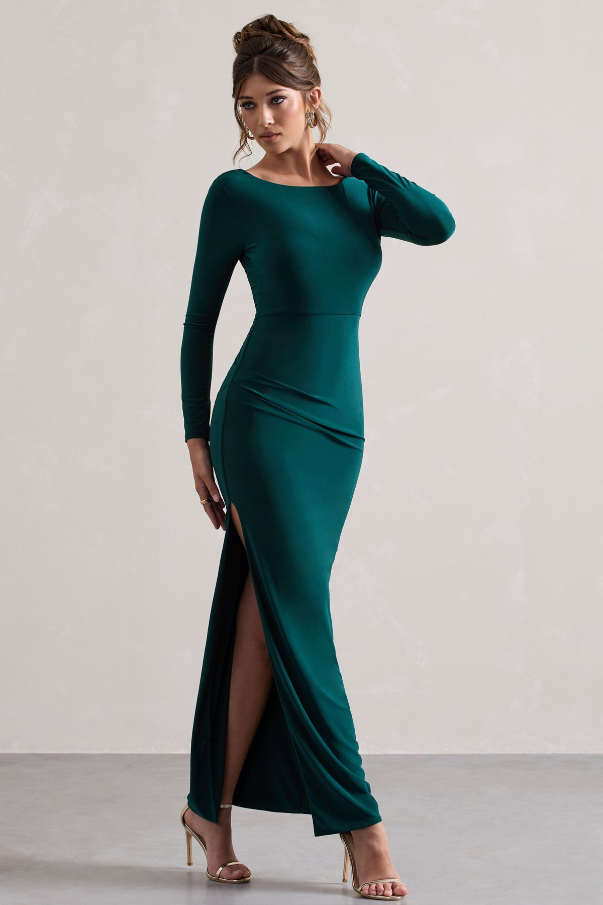 Virgo | Bottle Green Cowl-Back Long-Sleeve Split Maxi Dress