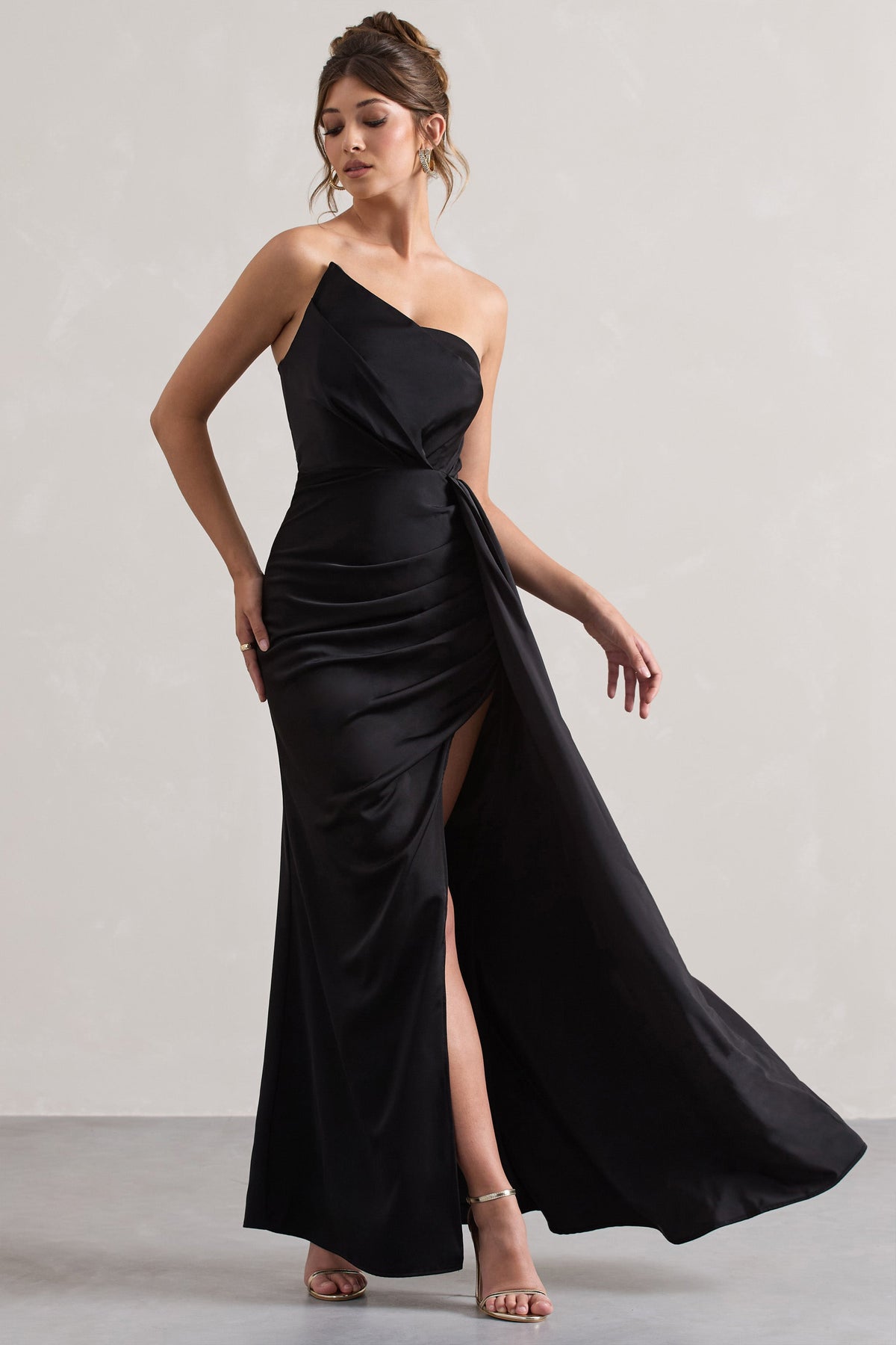 Hollywood | Black Satin Strapless Draped Maxi Dress